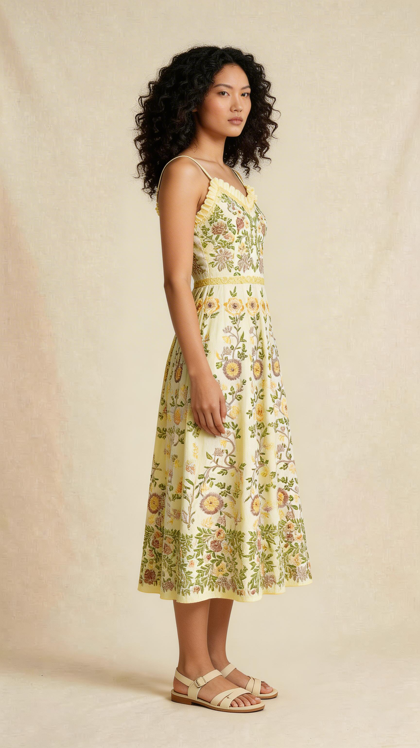Yellow Floral Embroidered Midi Dress