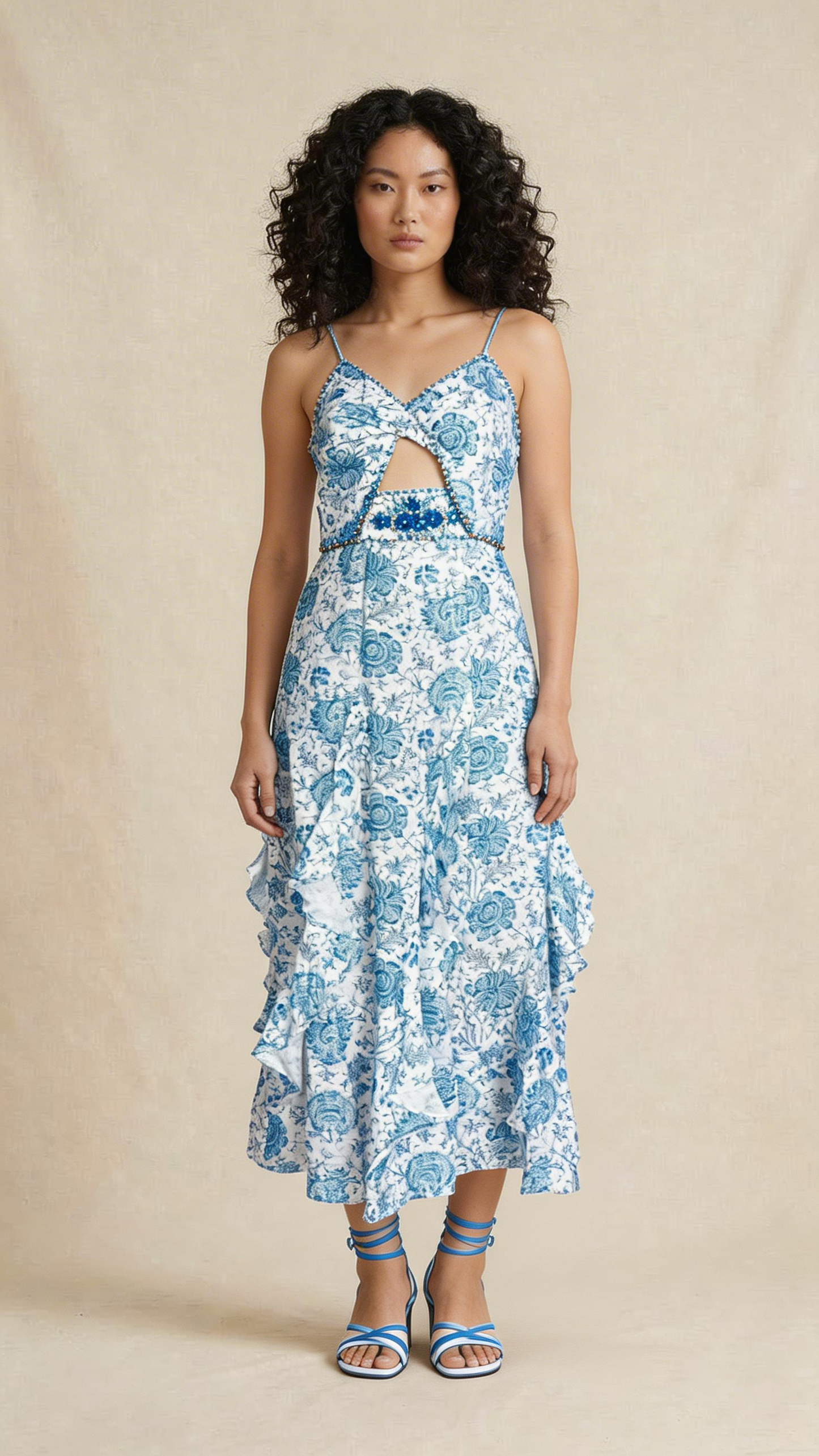 Blue Floral Cut-Out Ruffle Maxi Dress
