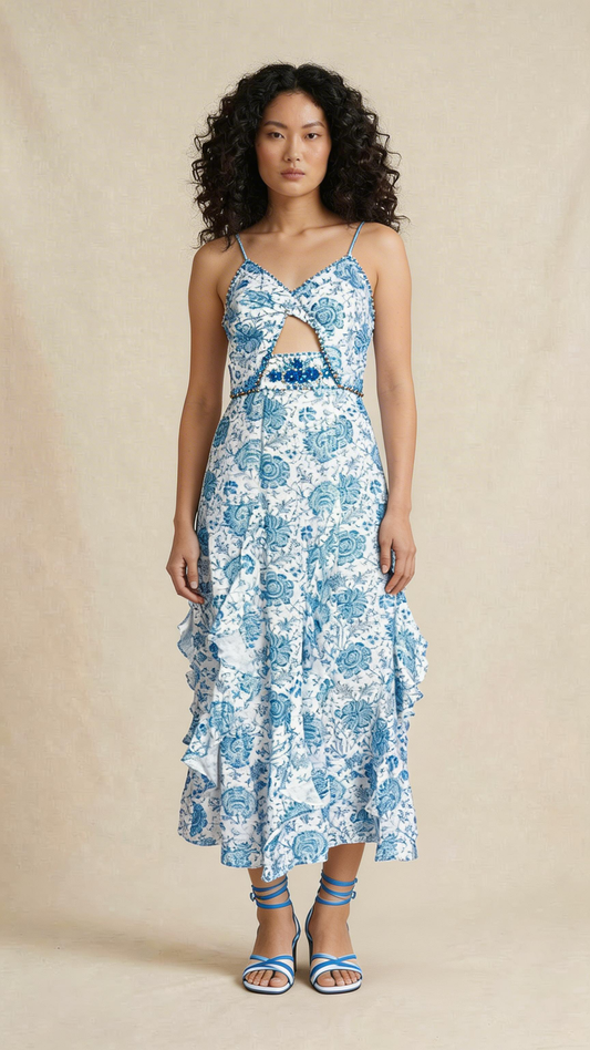 Blue Floral Cut-Out Ruffle Maxi Dress