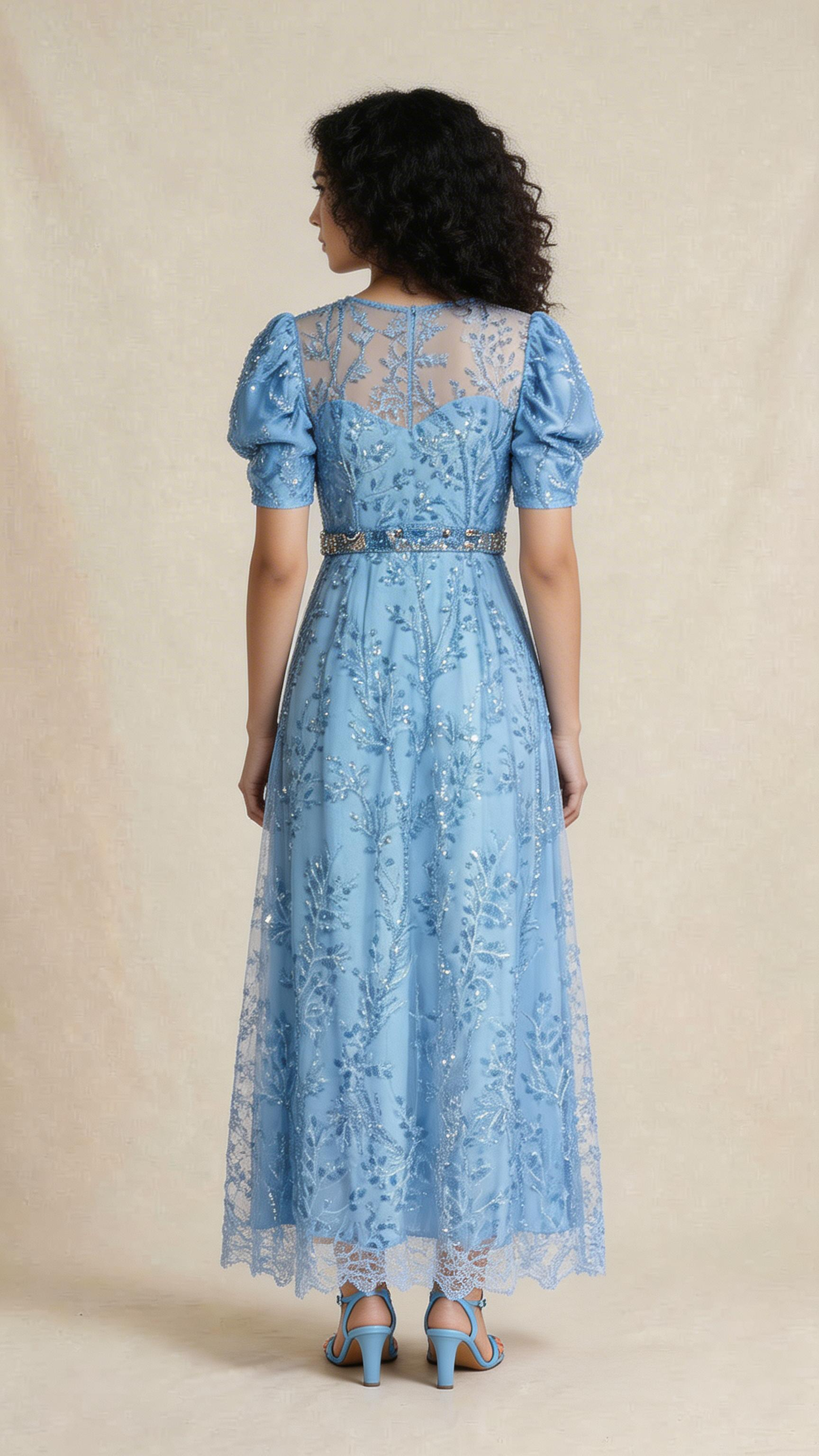 Sky Blue Embellished Lace Evening Dress