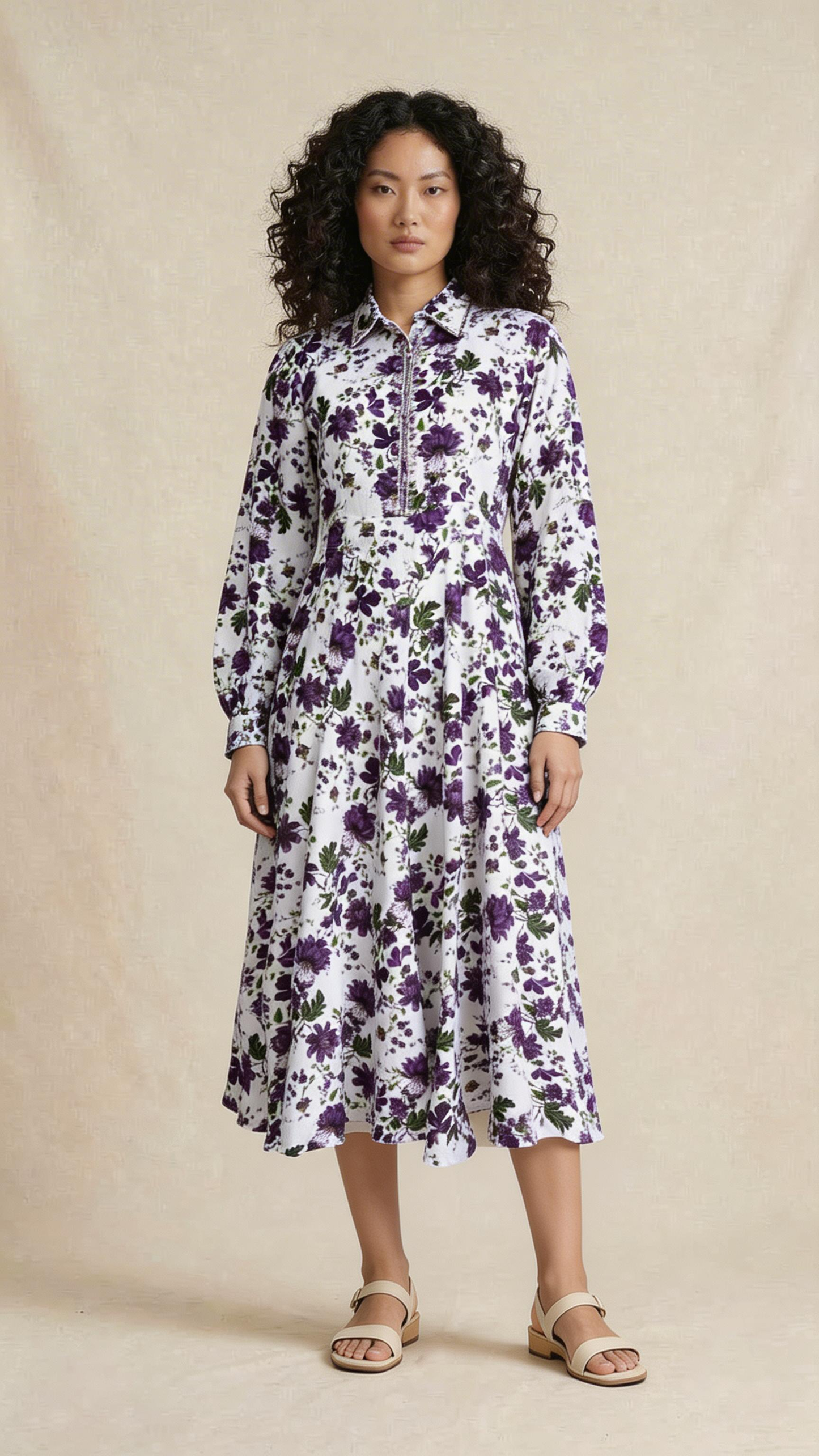 White and Purple Floral Midi Dress