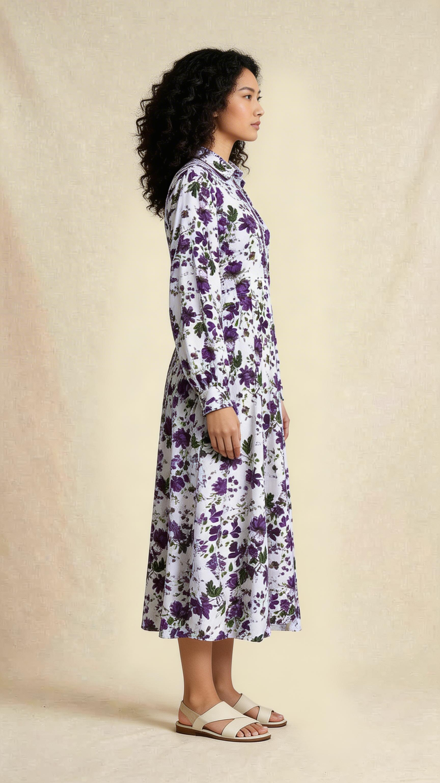 White and Purple Floral Midi Dress