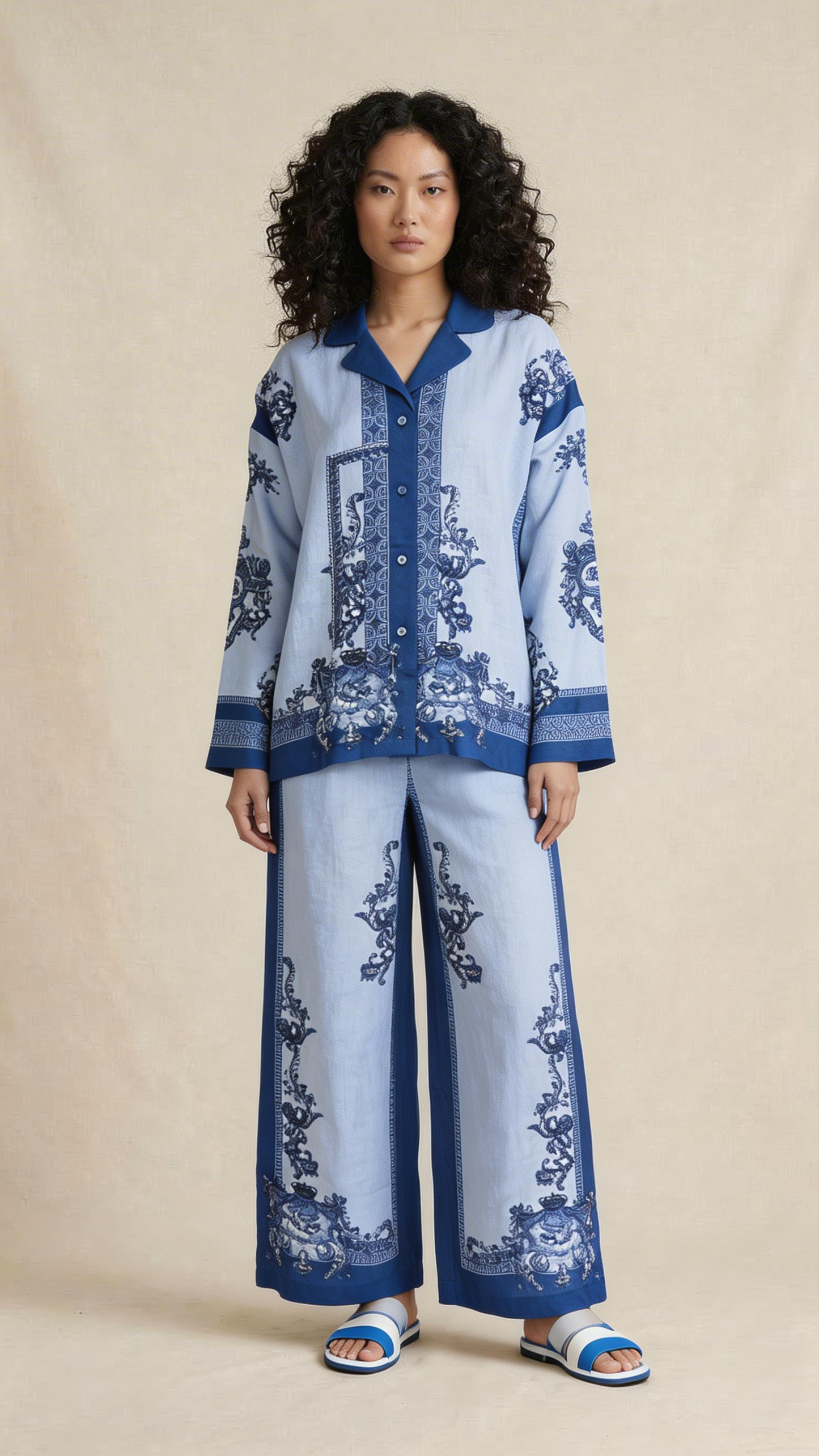 Blue Printed Wide-Leg Co-ord Set