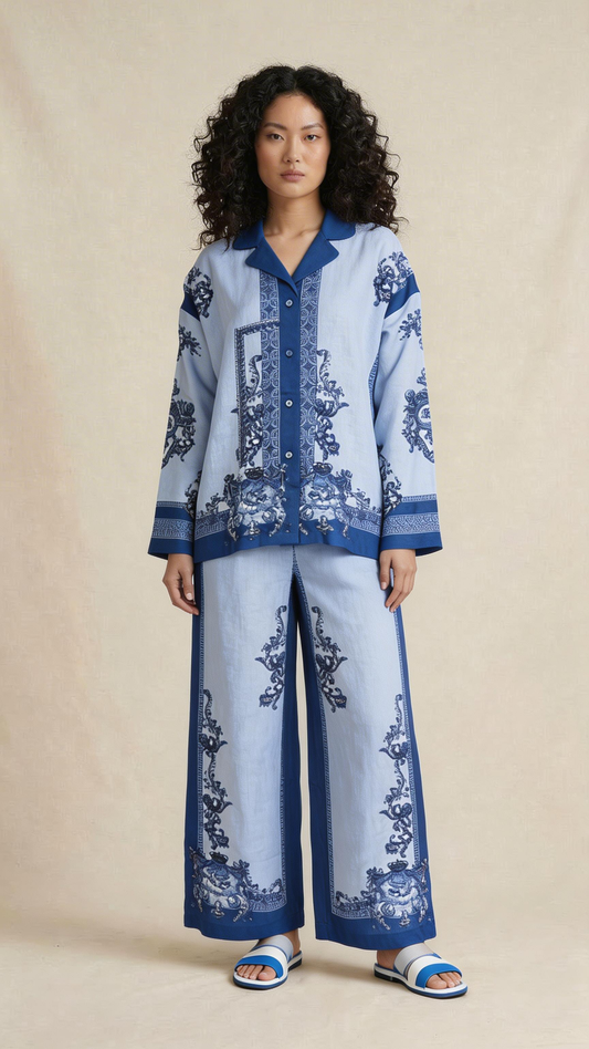 Blue Printed Wide-Leg Co-ord Set