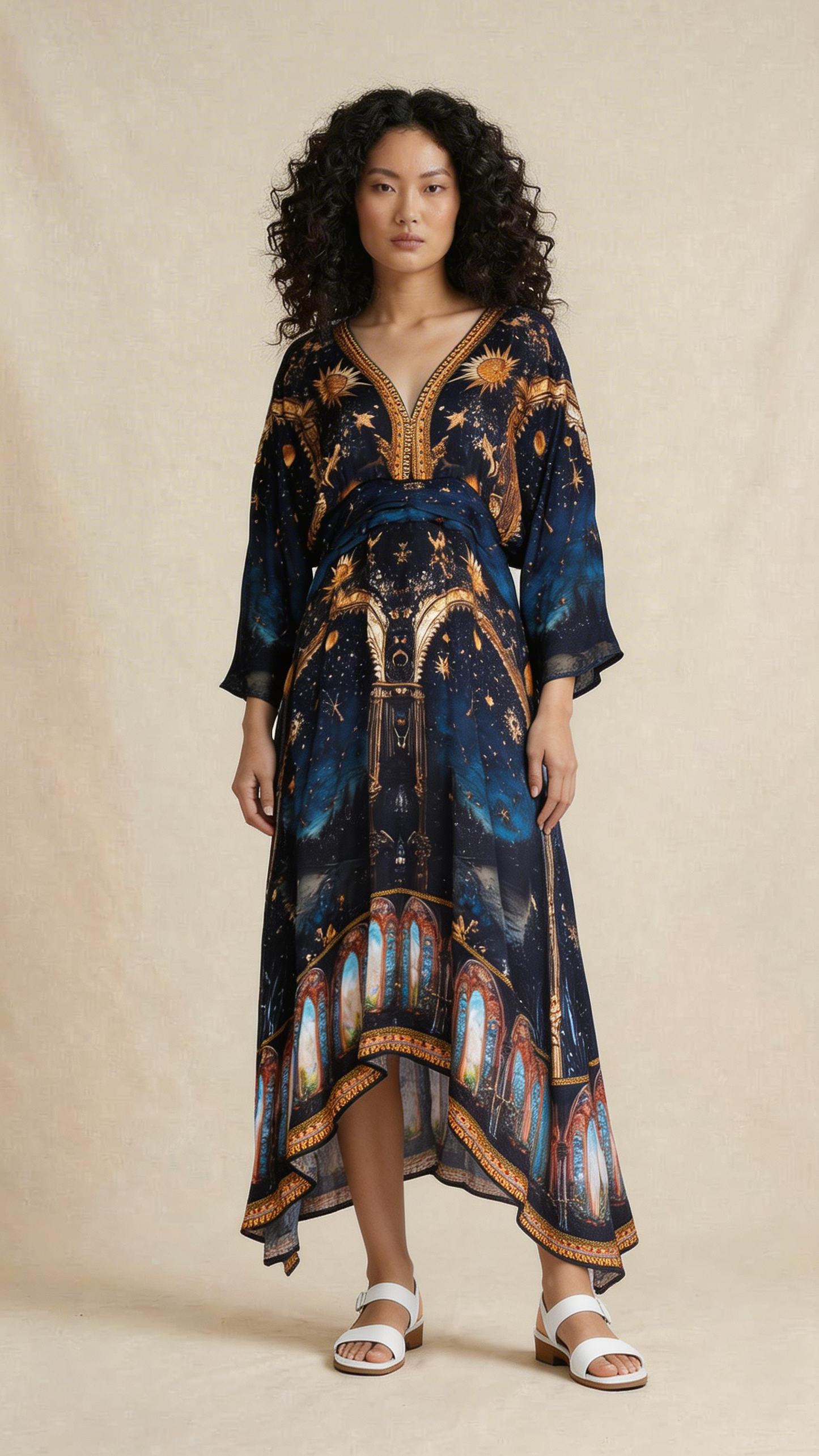 Celestial Print Asymmetric Maxi Dress
