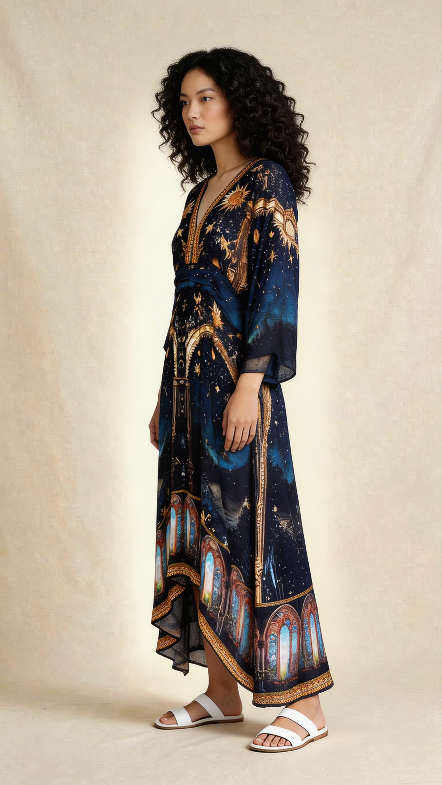Celestial Print Asymmetric Maxi Dress