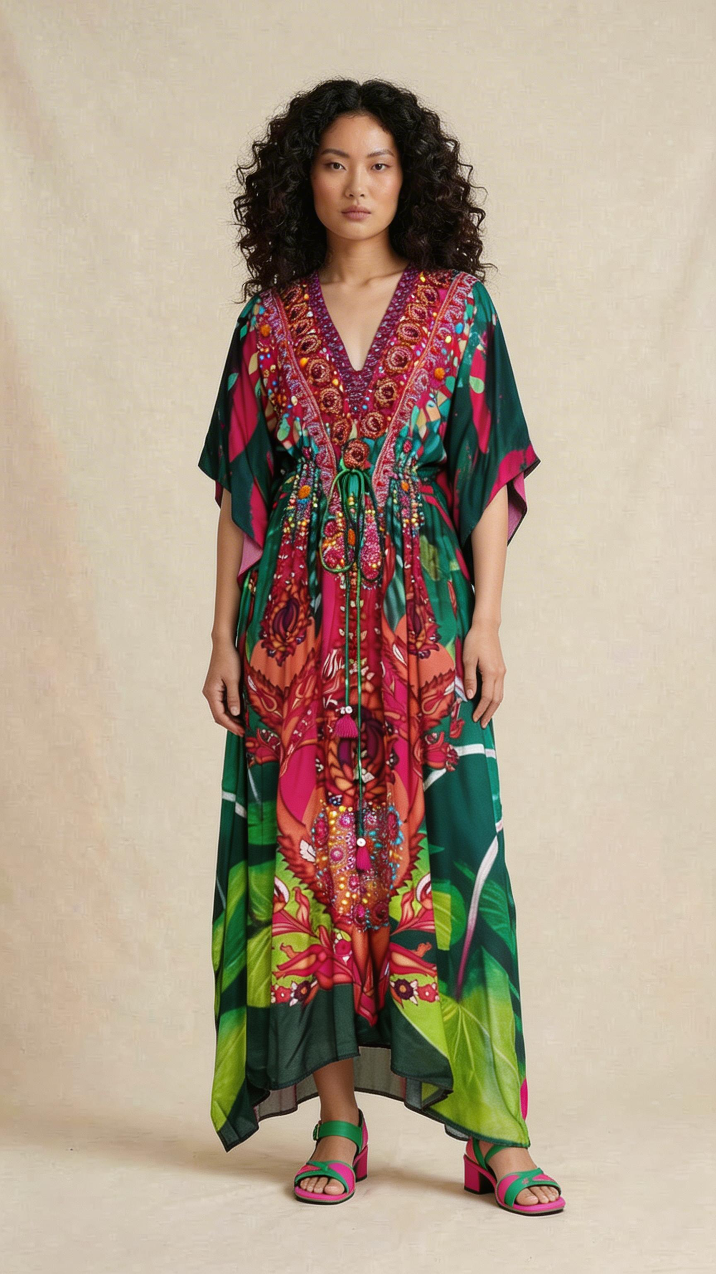 Multicolor Embellished Kaftan Dress