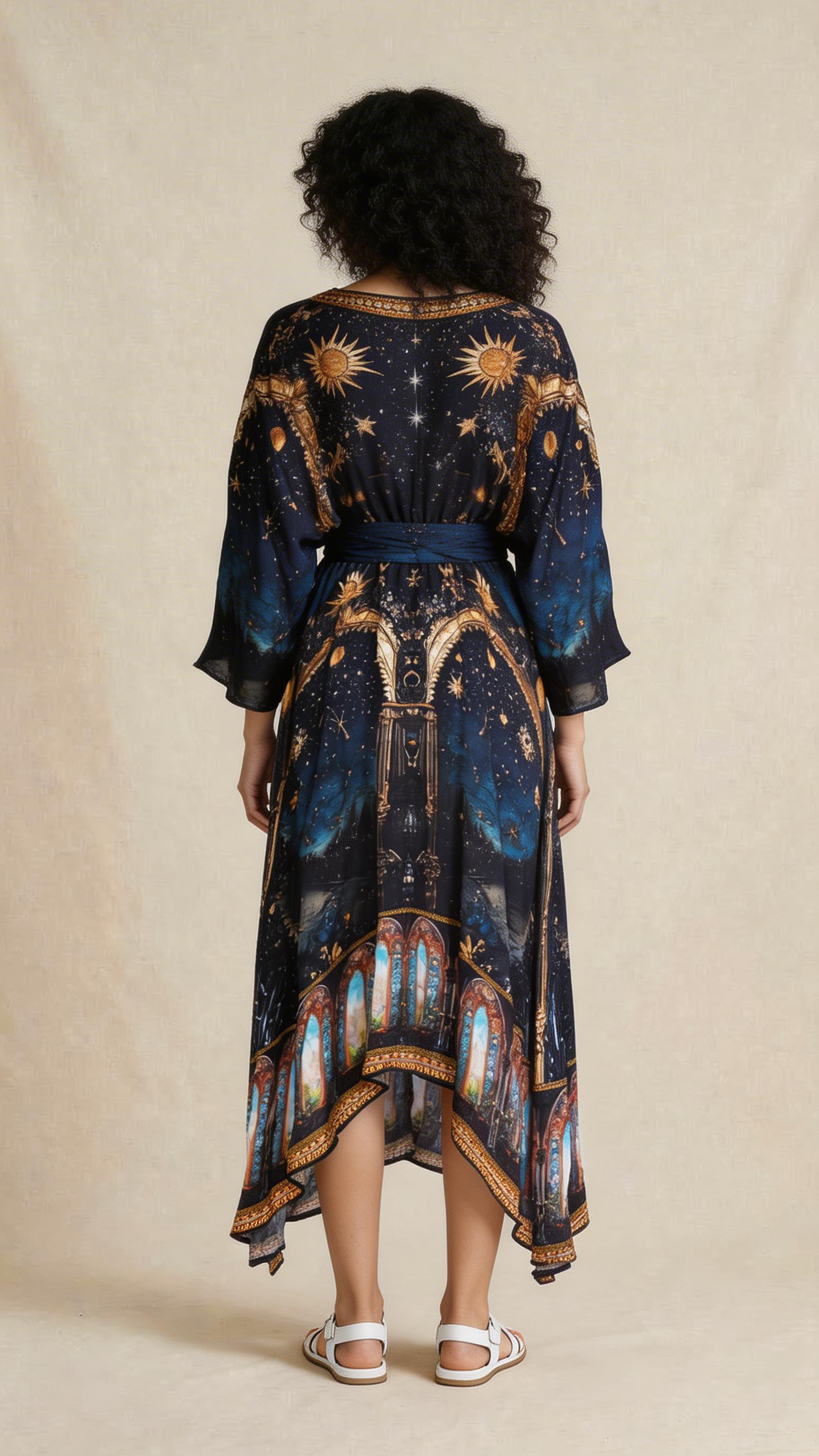 Celestial Print Asymmetric Maxi Dress