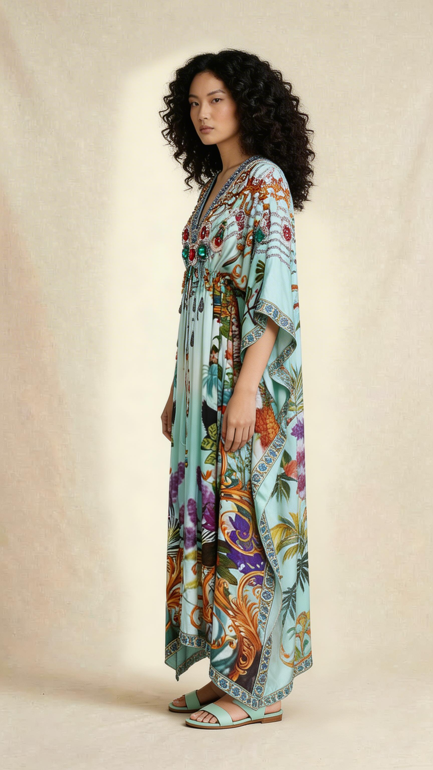 Aqua Printed Embellished Kaftan Dress