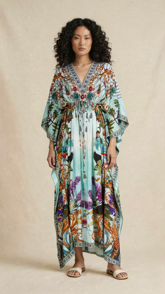 Aqua Printed Embellished Kaftan Dress