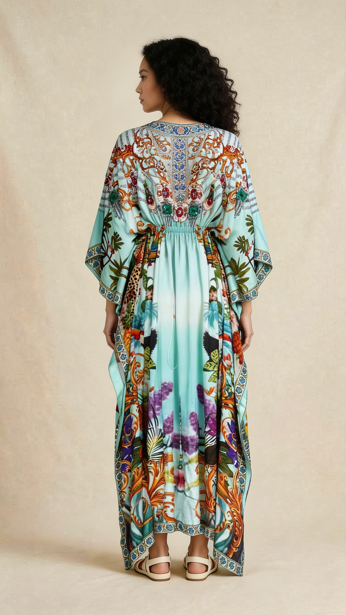 Aqua Printed Embellished Kaftan Dress