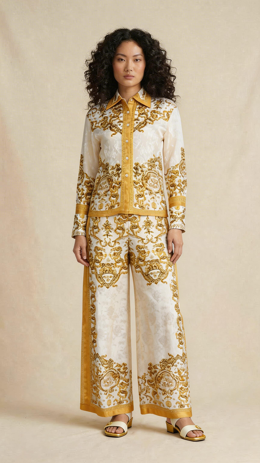 Ornate Print Shirt & Wide-Leg Pants Set