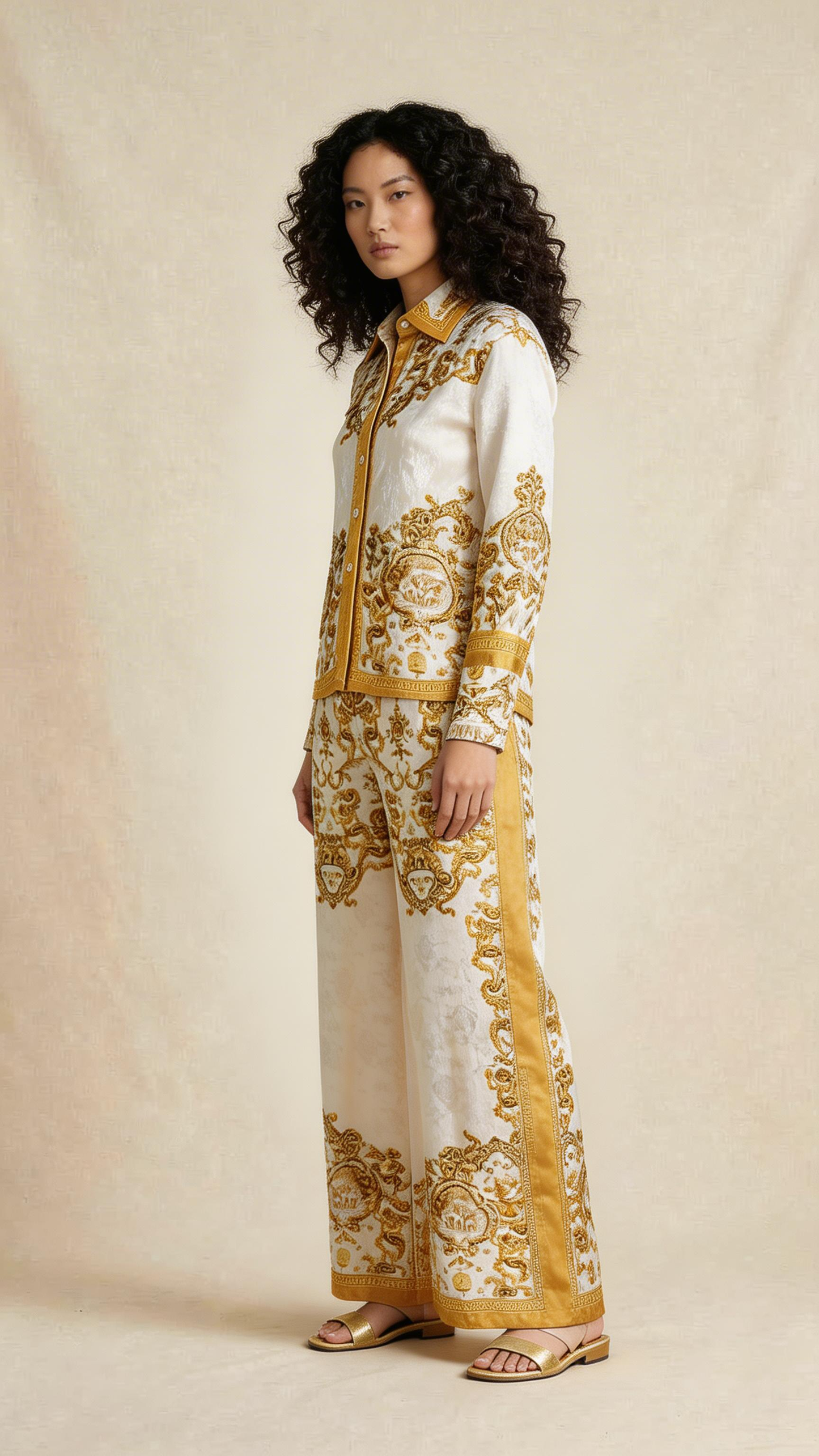 Ornate Print Shirt & Wide-Leg Pants Set