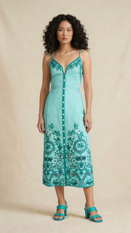 Mint Embroidered Button-Front Midi Dress
