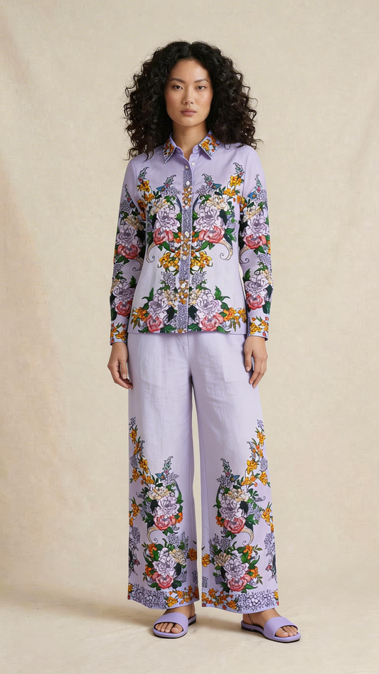 Lilac Floral Print Shirt & Wide-Leg Pants Set