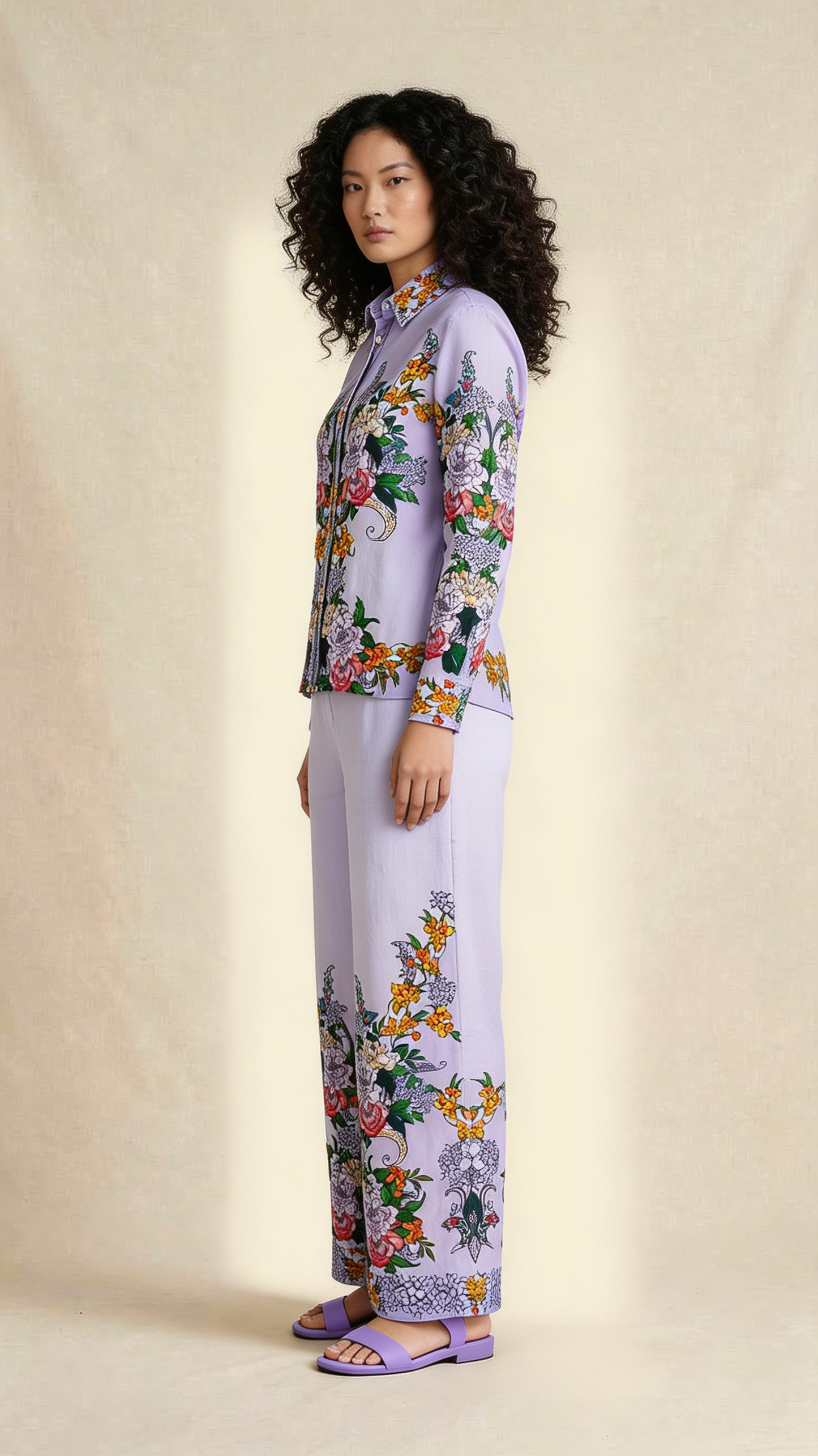 Lilac Floral Print Shirt & Wide-Leg Pants Set