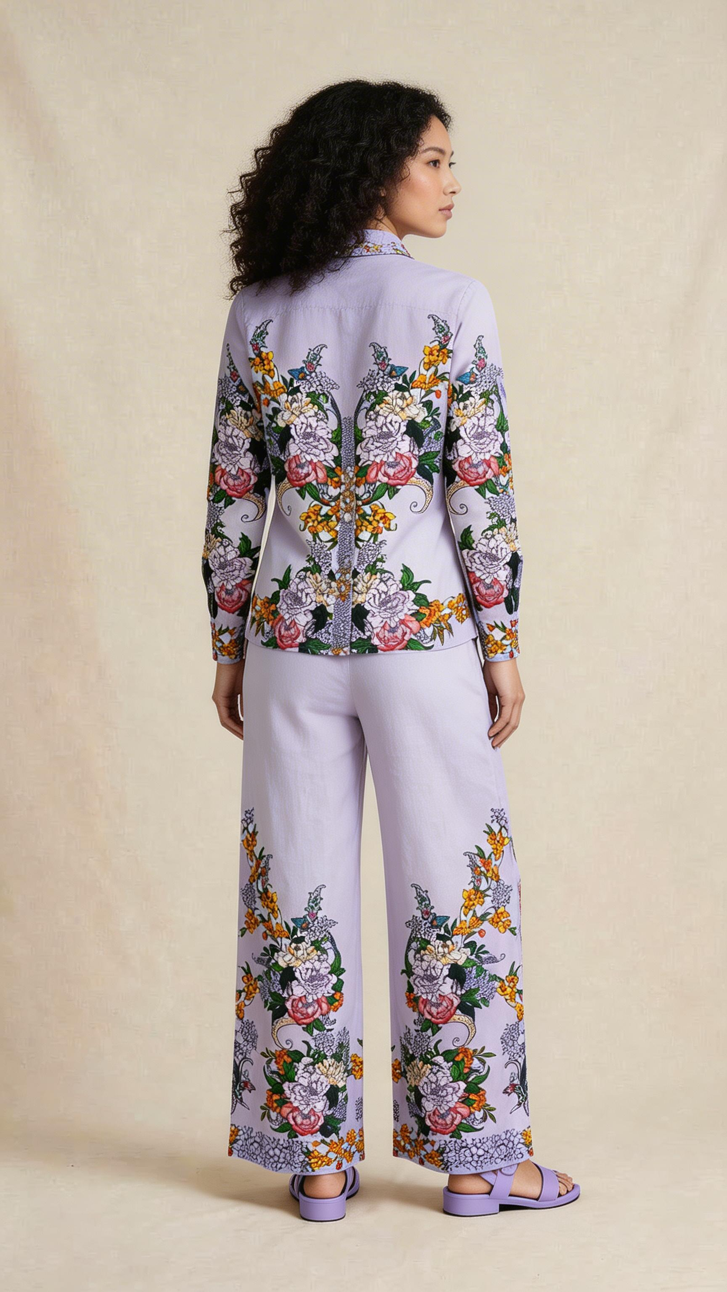 Lilac Floral Print Shirt & Wide-Leg Pants Set