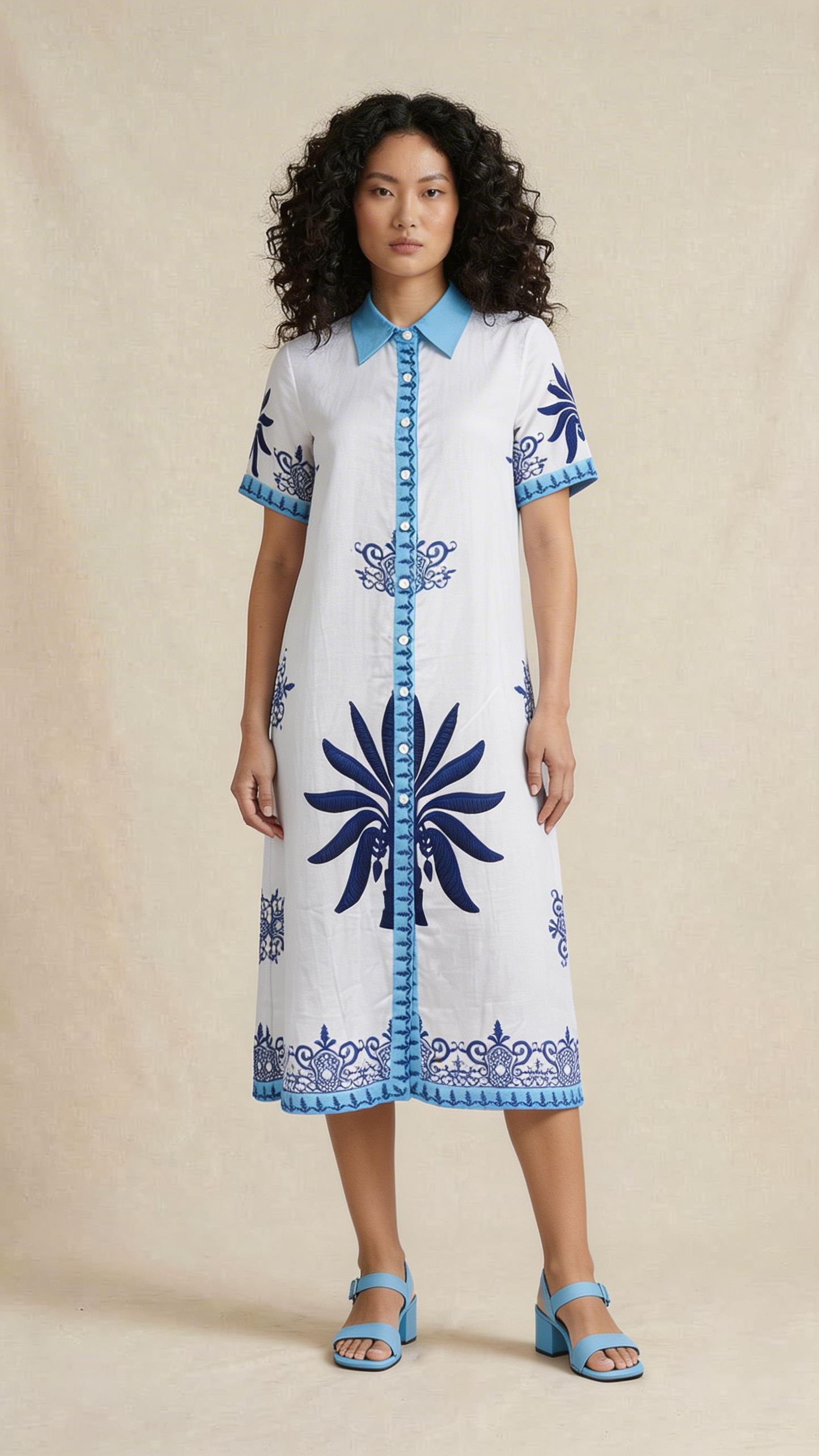 Blue Printed Shirt Midi Dress