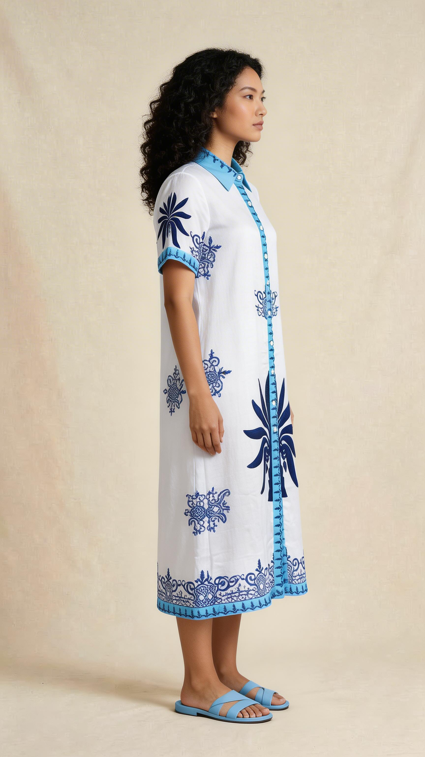 Blue Printed Shirt Midi Dress