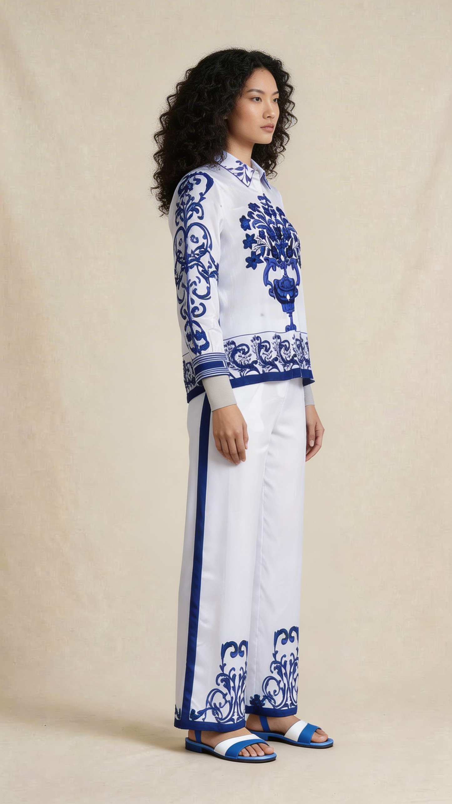 Blue Floral Motif Shirt & Pants Set