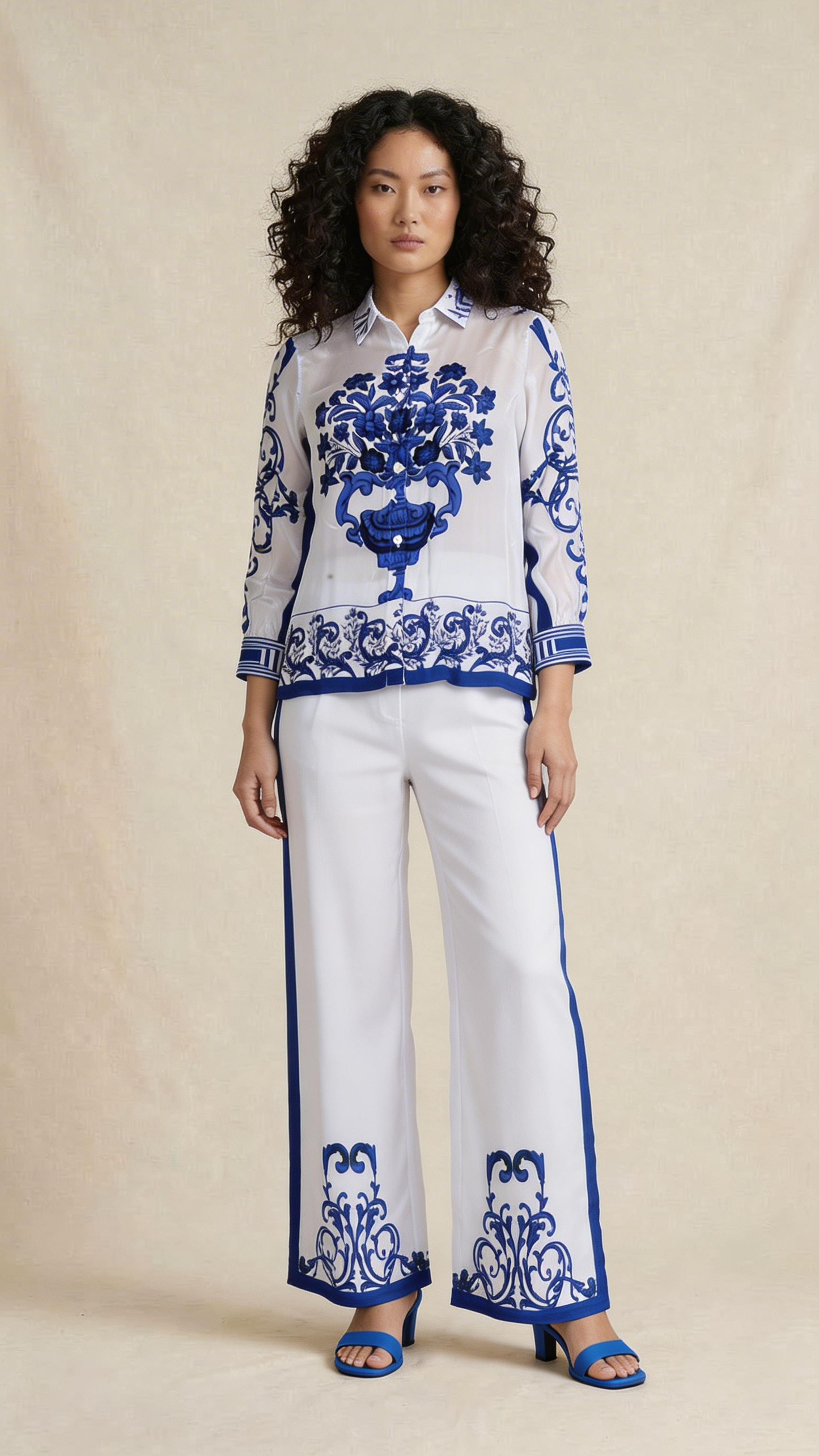 Blue Floral Motif Shirt & Pants Set