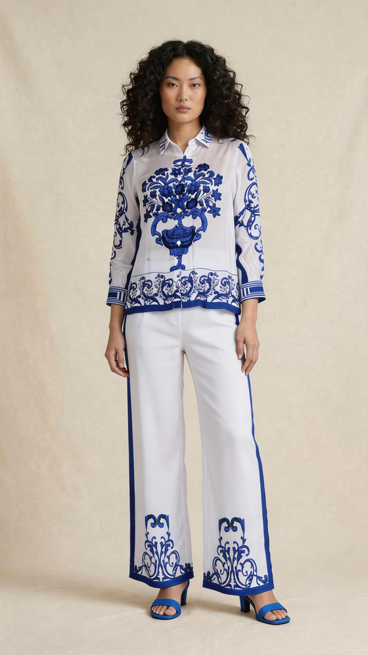 Blue Floral Motif Shirt & Pants Set