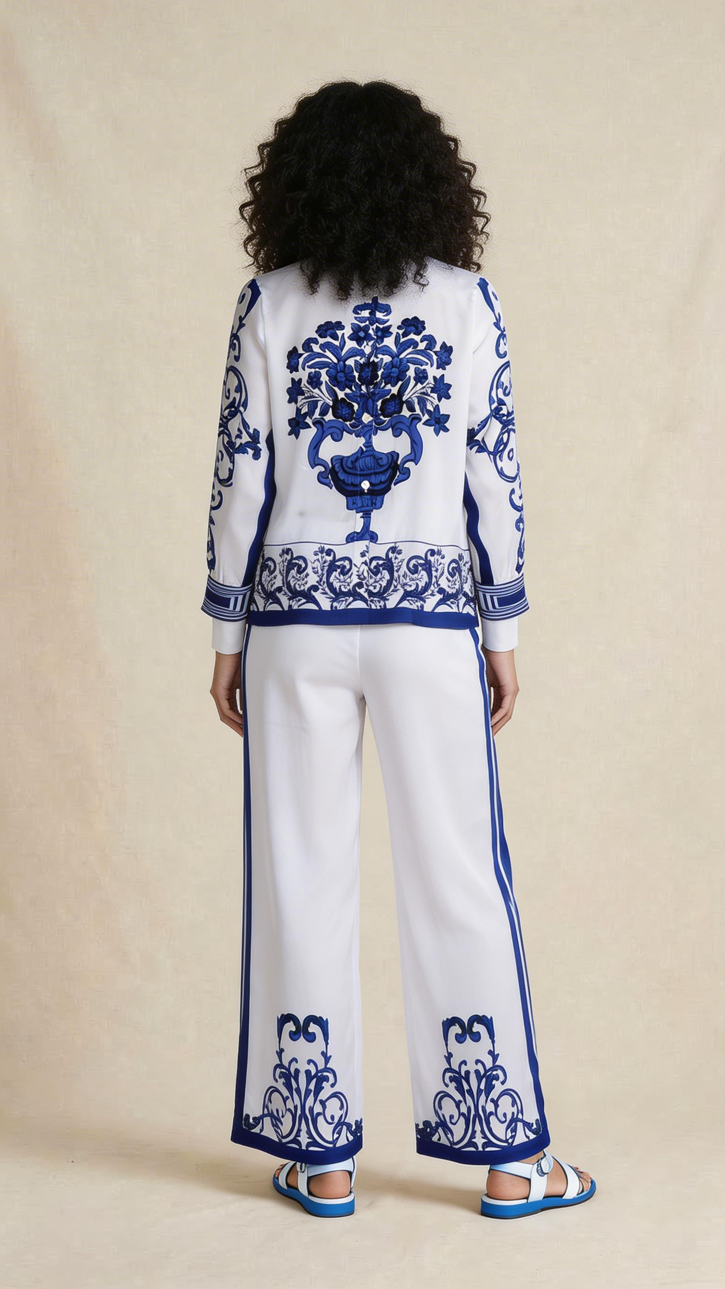 Blue Floral Motif Shirt & Pants Set