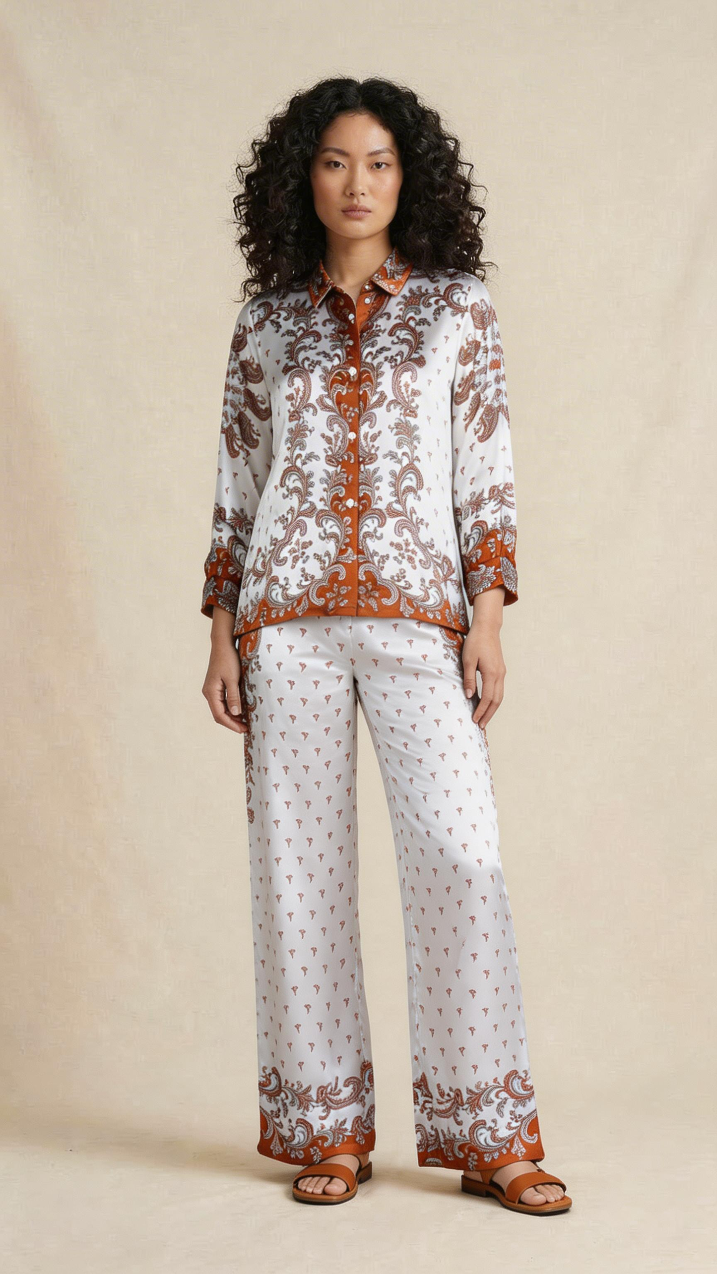 Rust Paisley Printed Shirt & Wide-Leg Trouser Set