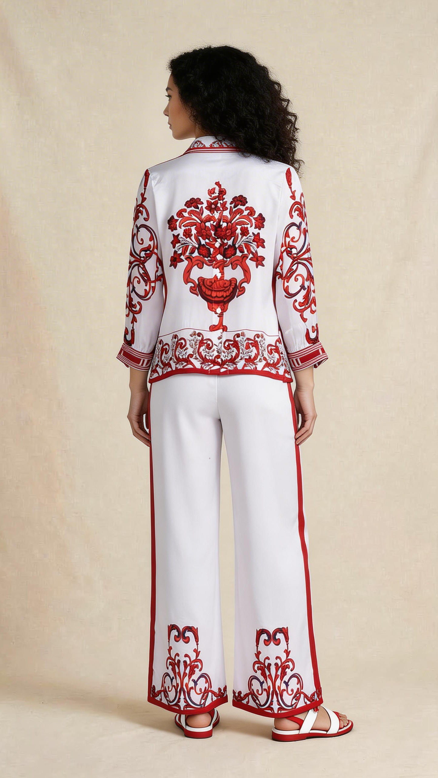 White & Red Ornamental Shirt Trouser Set