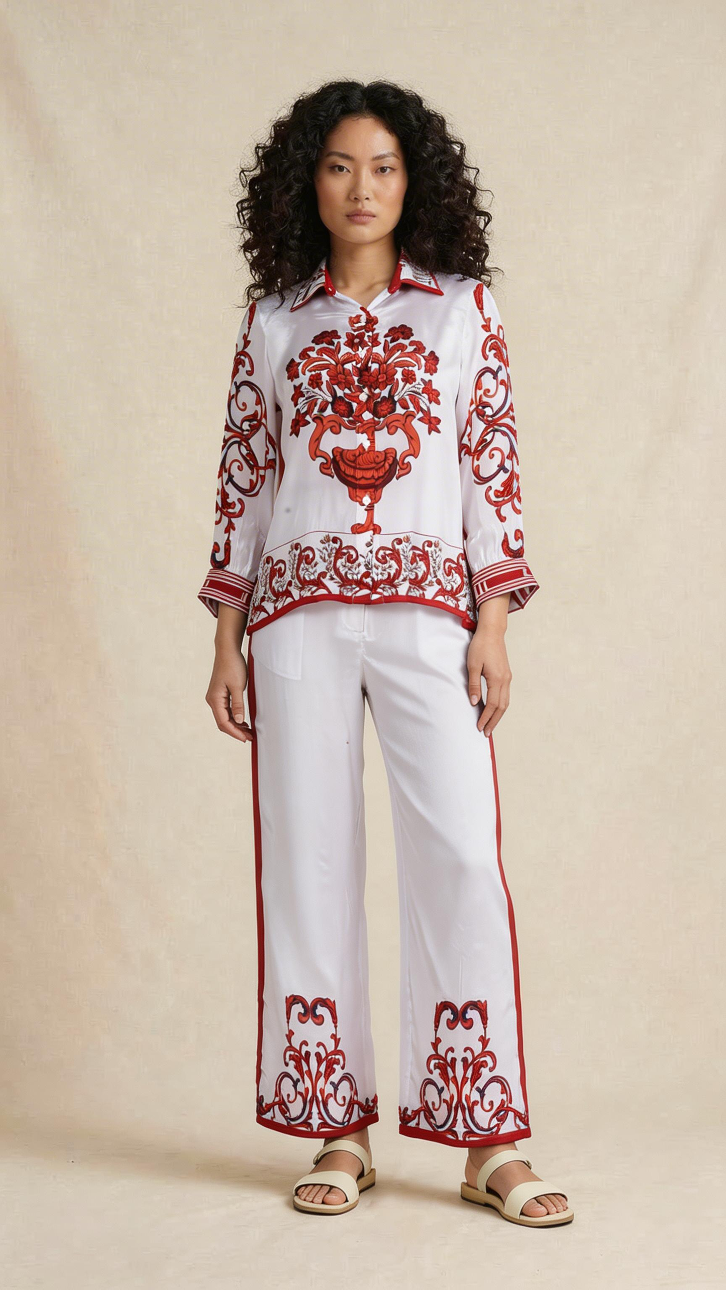 White & Red Ornamental Shirt Trouser Set