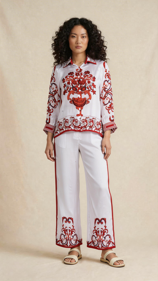 White & Red Ornamental Shirt Trouser Set
