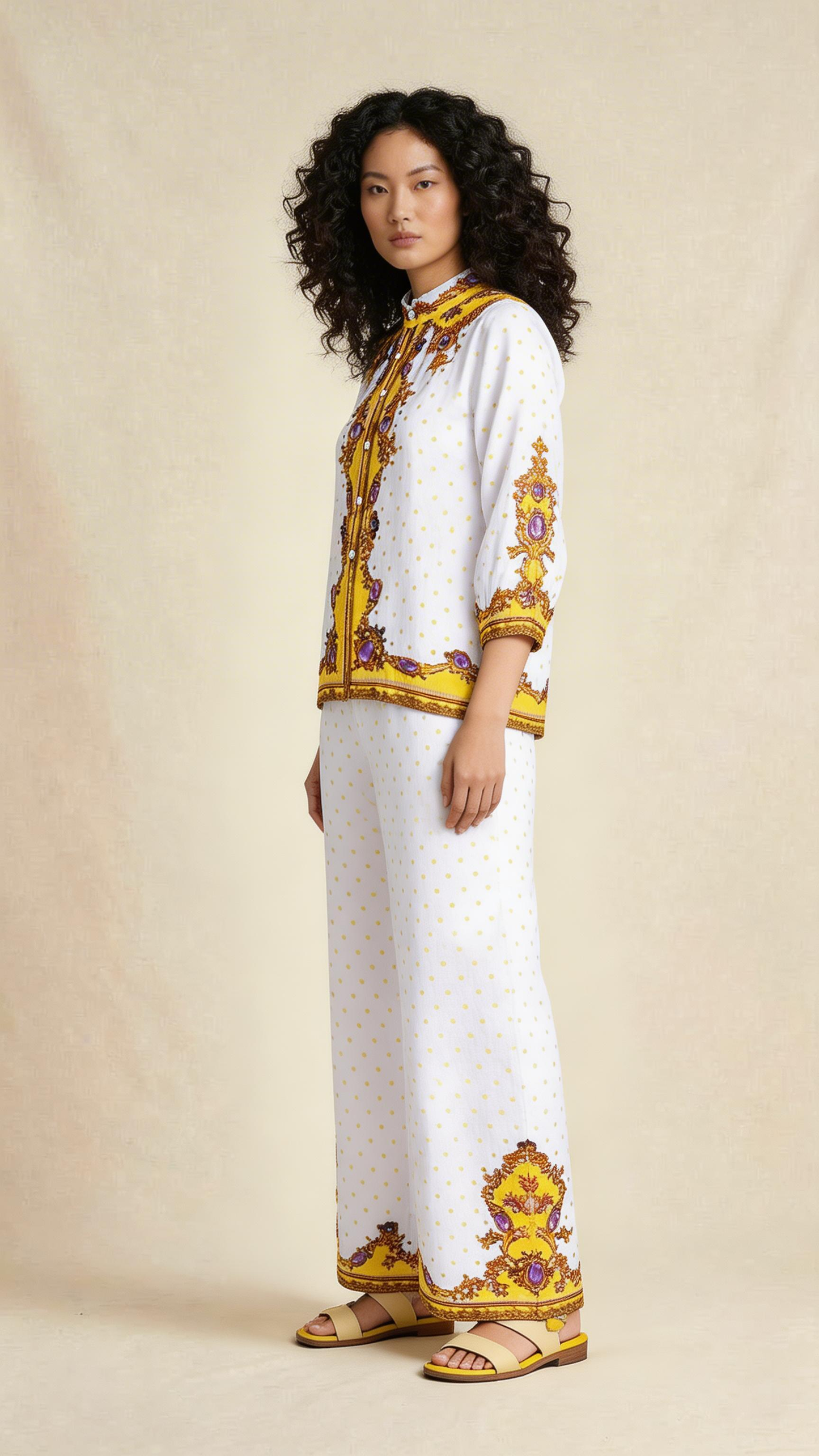 Yellow Jewel Print Shirt & Palazzo Trouser Set