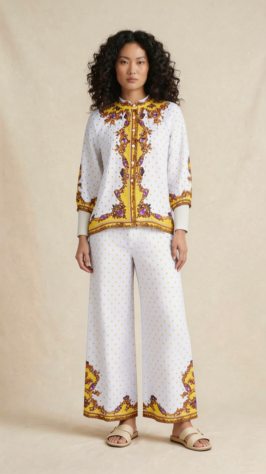 Yellow Jewel Print Shirt & Palazzo Trouser Set