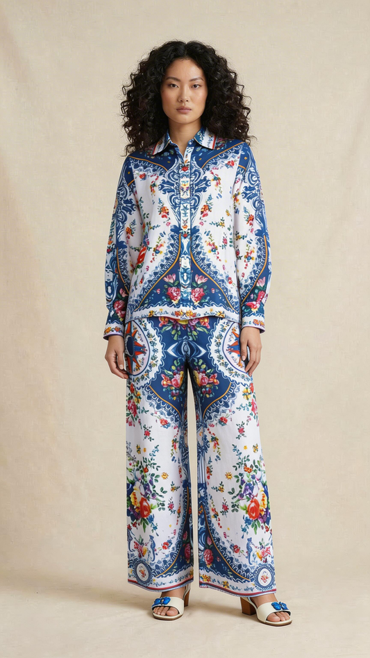 Blue Heritage Floral Shirt & Palazzo Set