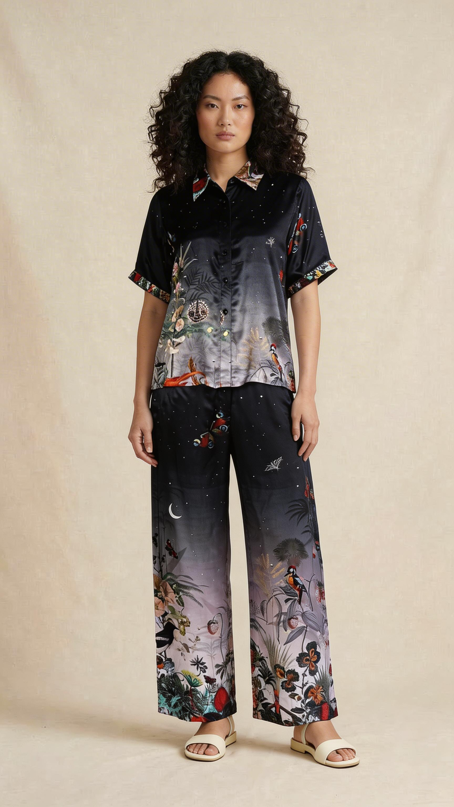 Midnight Botanical Printed Shirt & Wide-Leg Trouser Set
