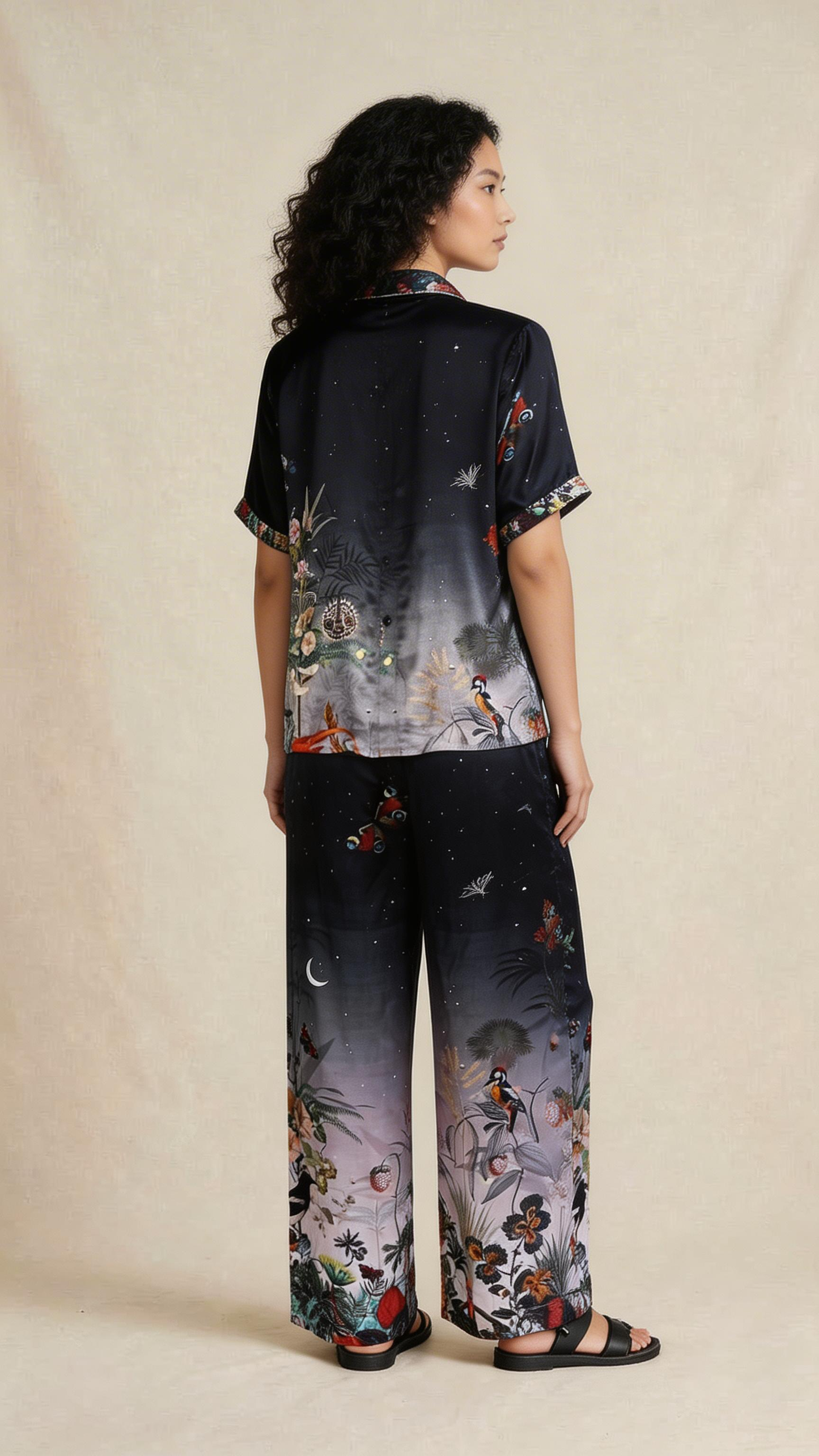 Midnight Botanical Printed Shirt & Wide-Leg Trouser Set