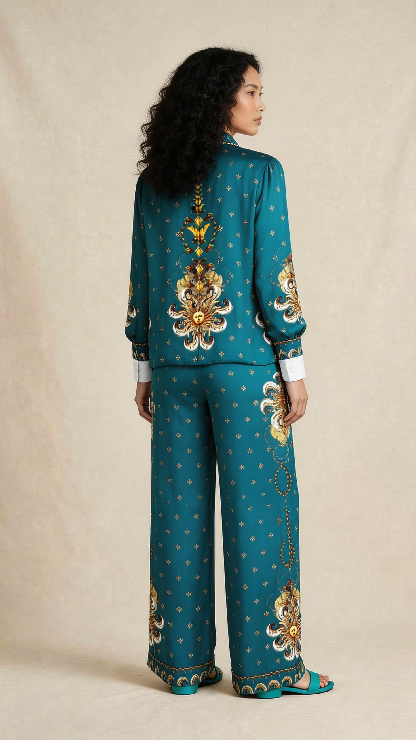 Teal Celestial Motif Shirt & Trouser Set