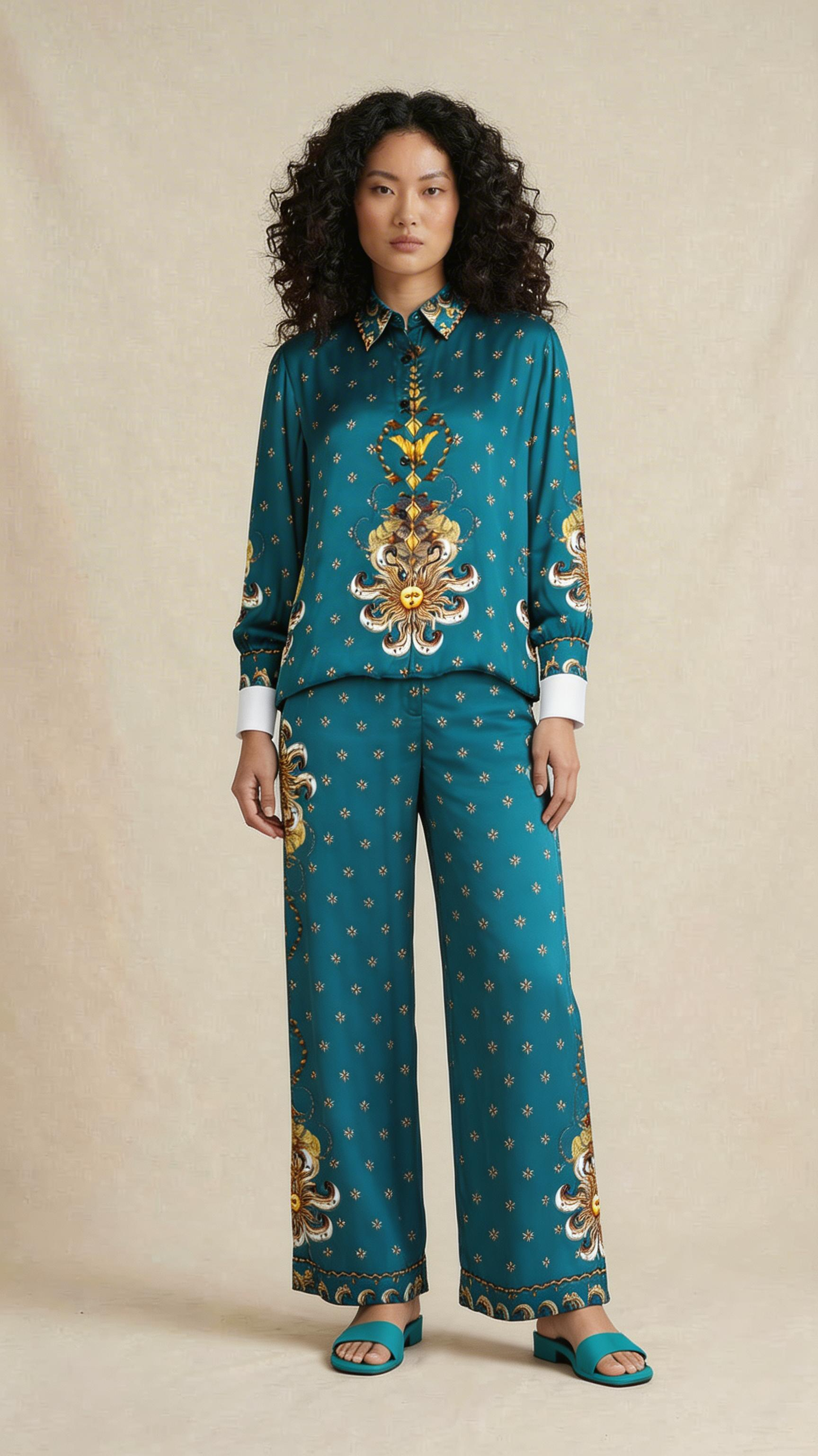 Teal Celestial Motif Shirt & Trouser Set