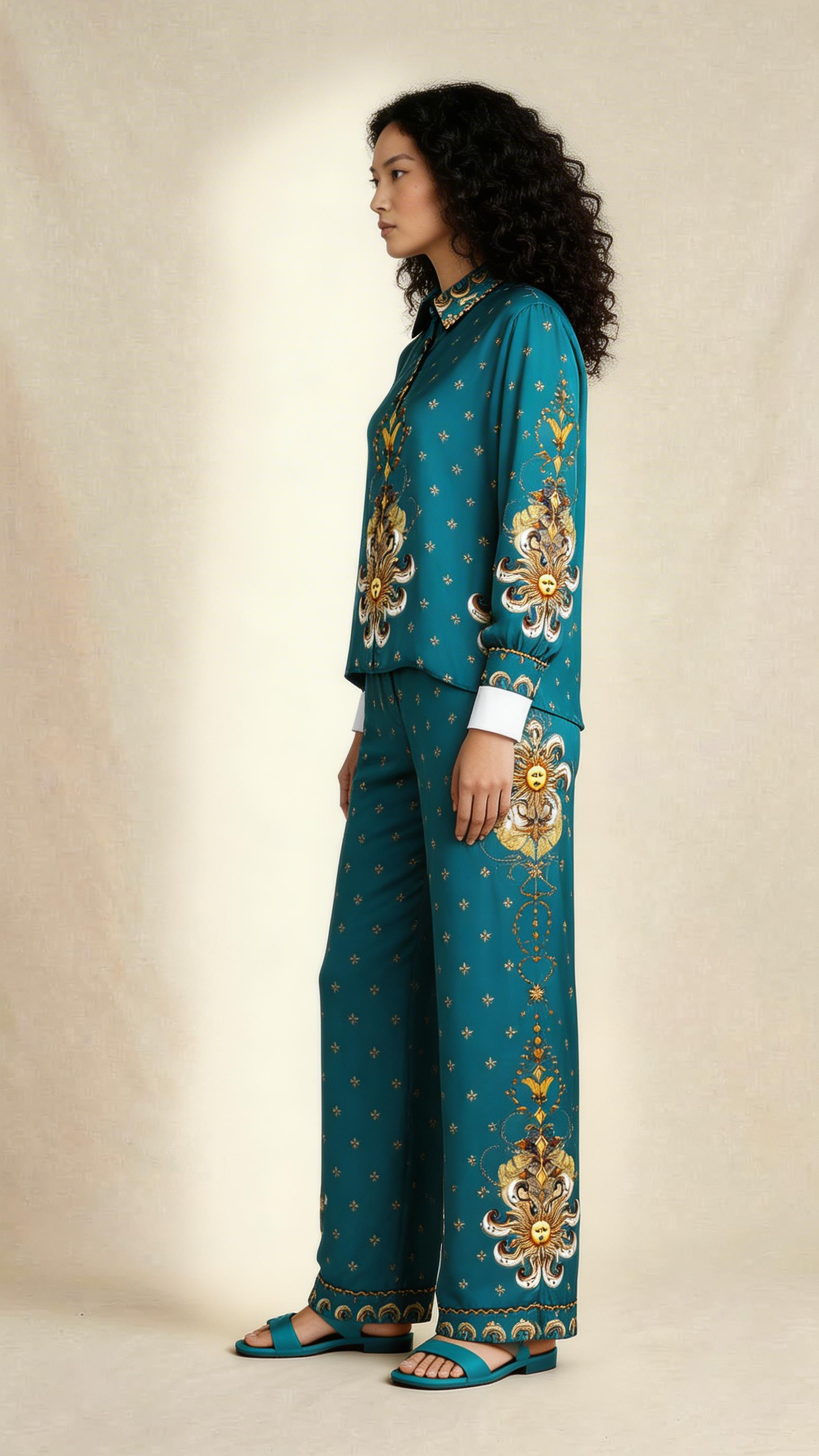 Teal Celestial Motif Shirt & Trouser Set