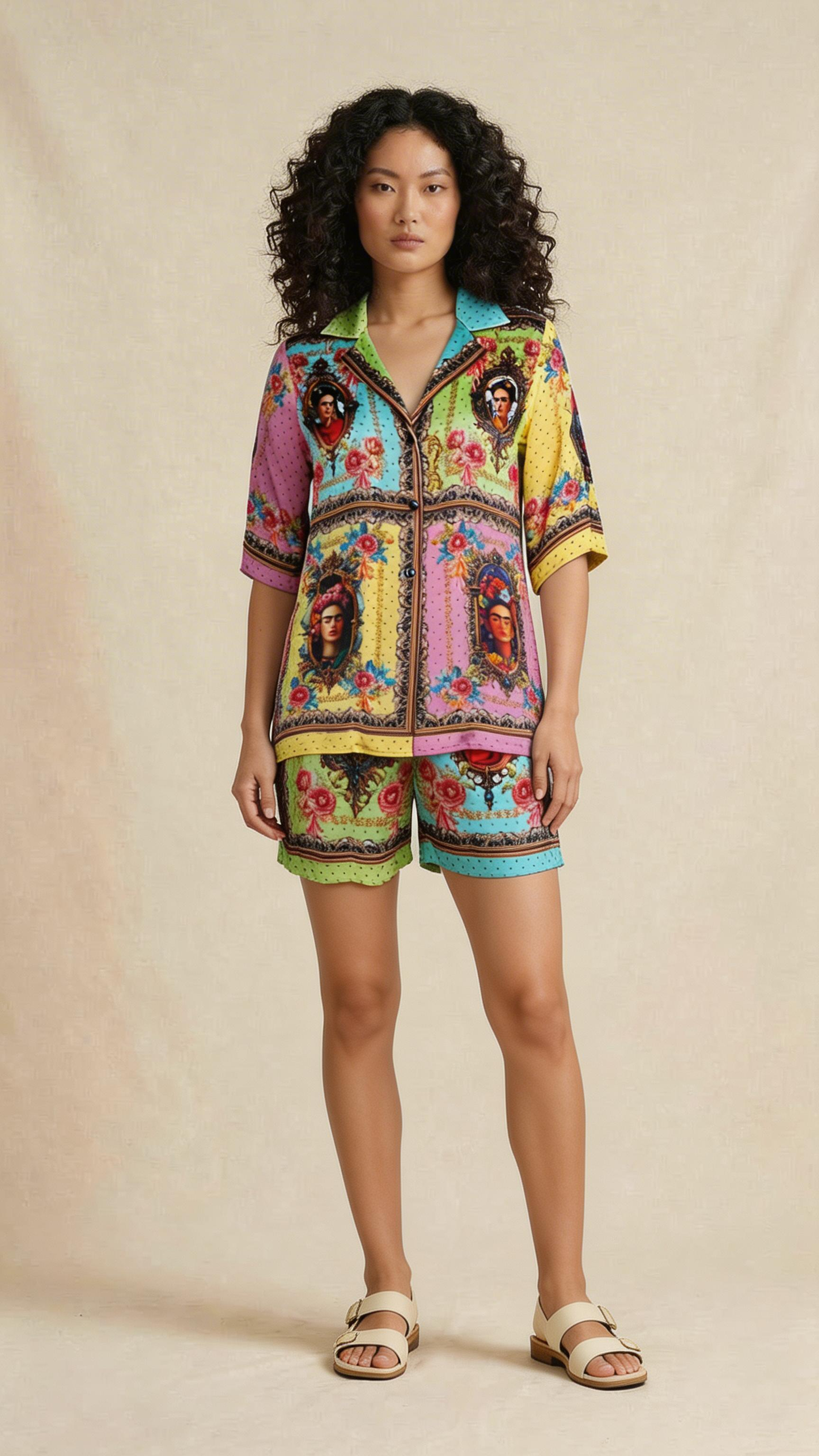 Multicolor Portrait Print Shirt & Shorts Set