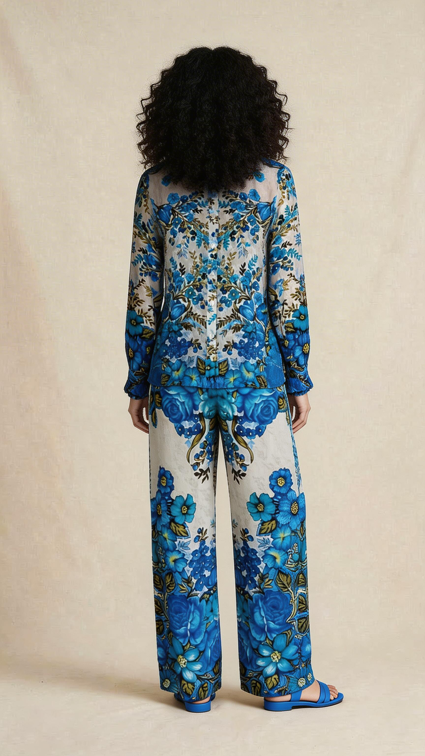 Blue Floral Print Shirt & Wide-Leg Pants Set