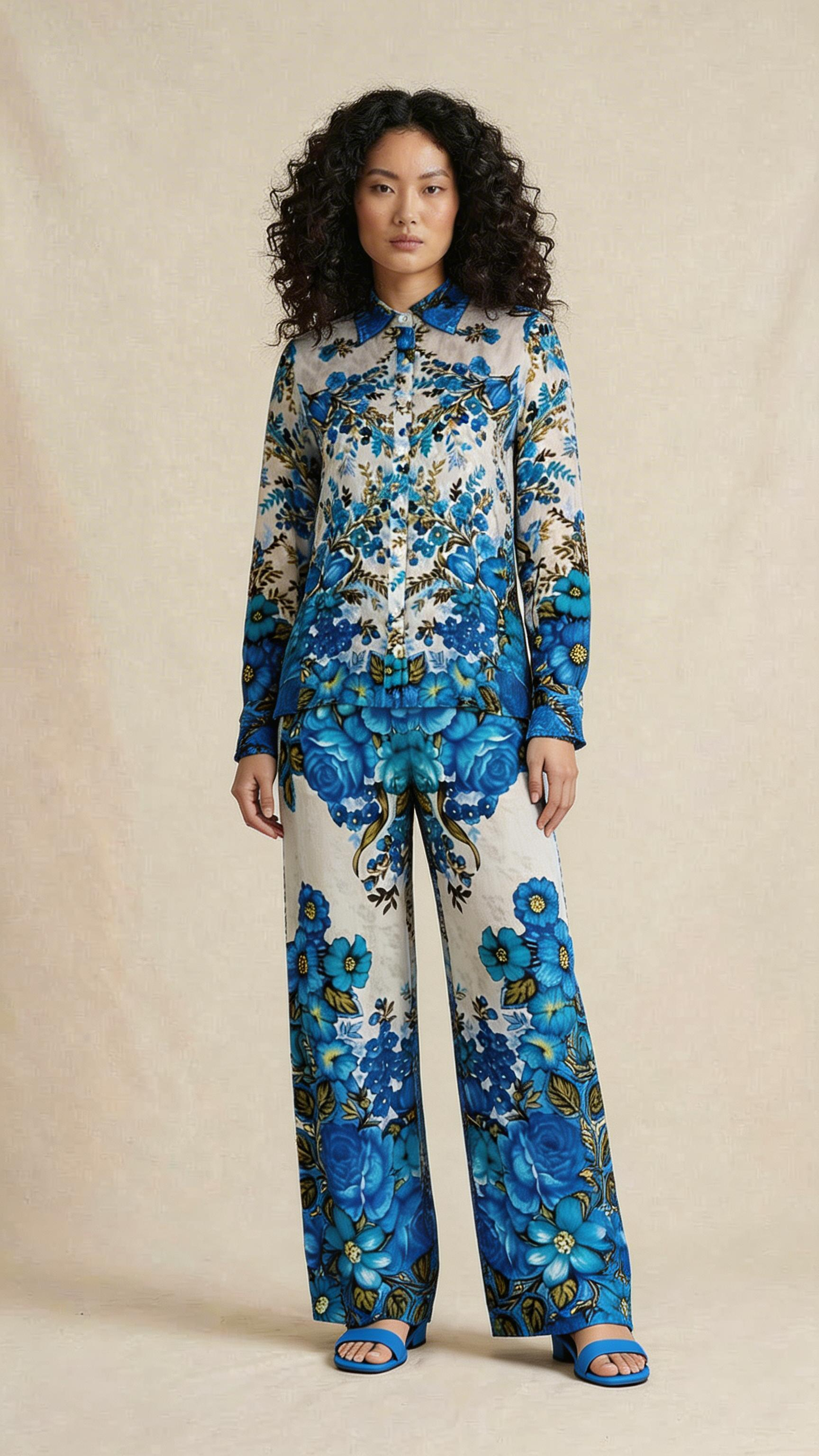 Blue Floral Print Shirt & Wide-Leg Pants Set