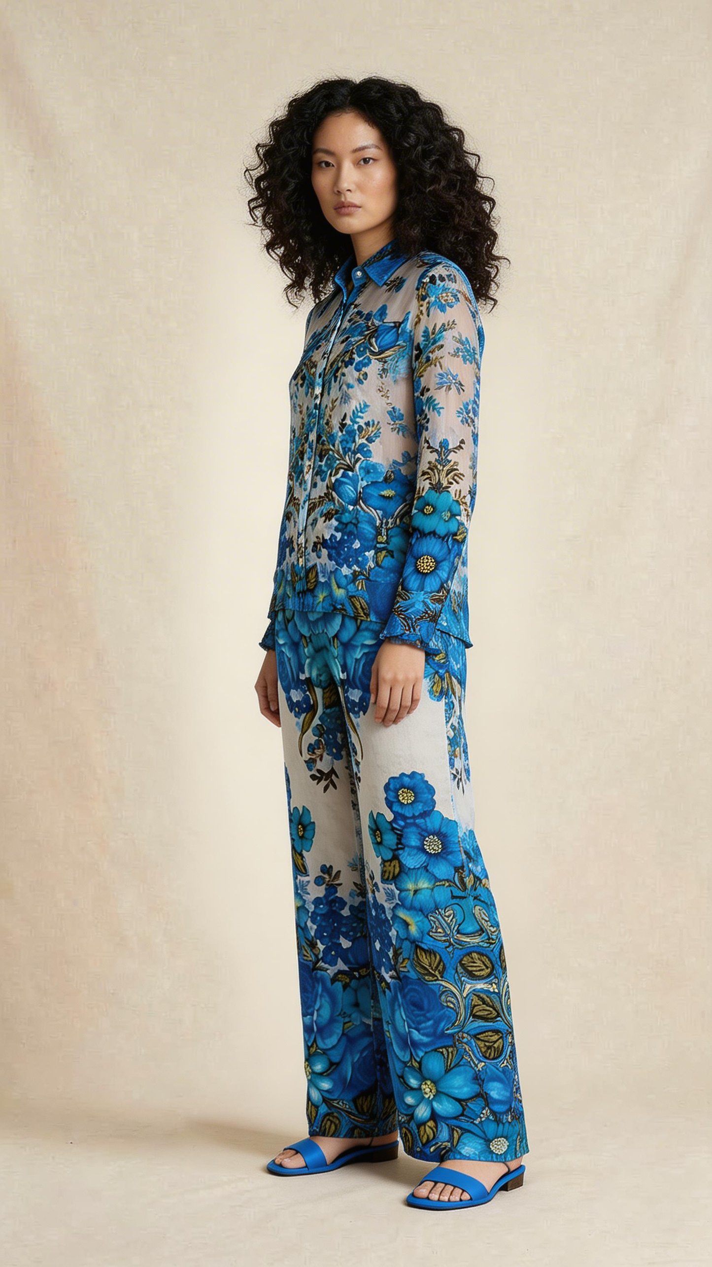 Blue Floral Print Shirt & Wide-Leg Pants Set