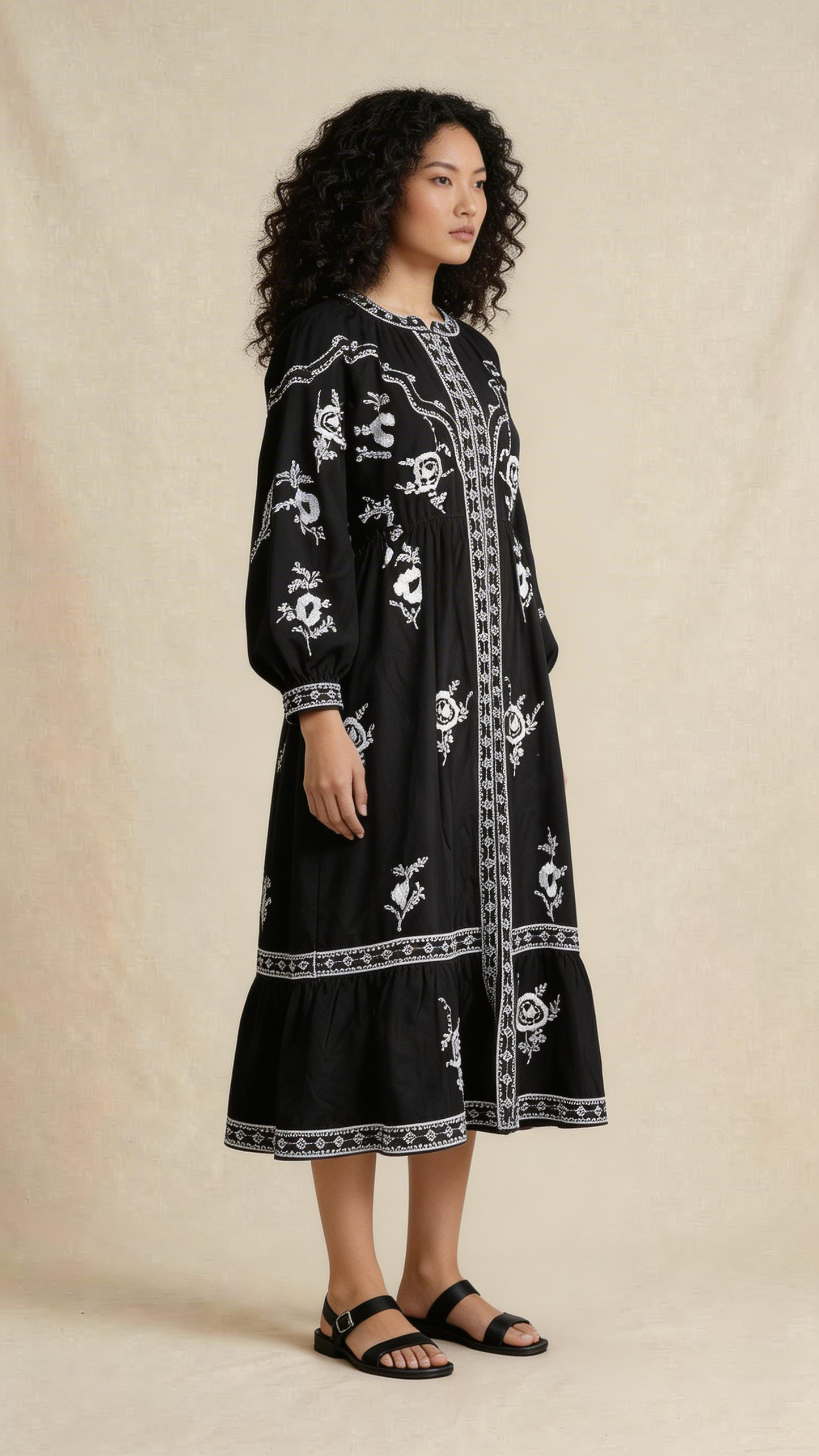 Black Floral Embroidered Boho Midi Dress