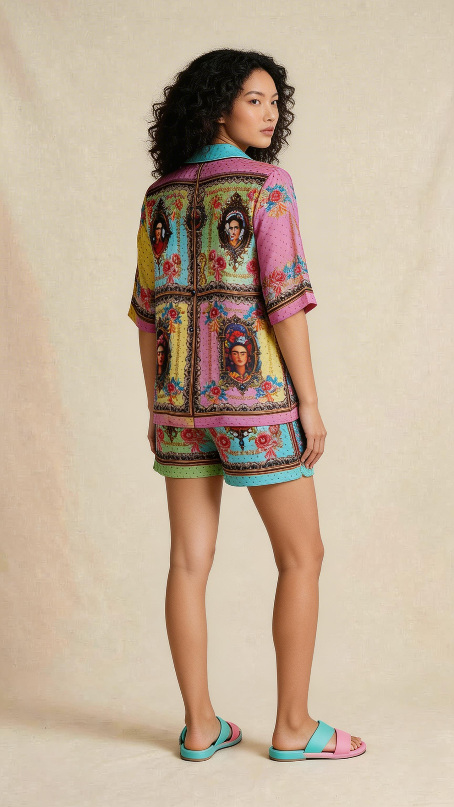 Multicolor Portrait Print Shirt & Shorts Set