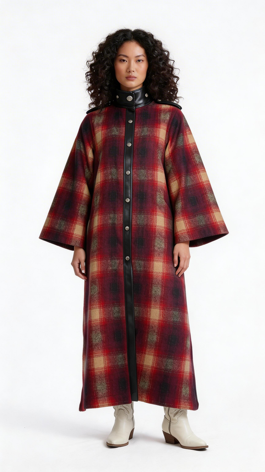 Red Plaid Long Coat with Contrast Trim