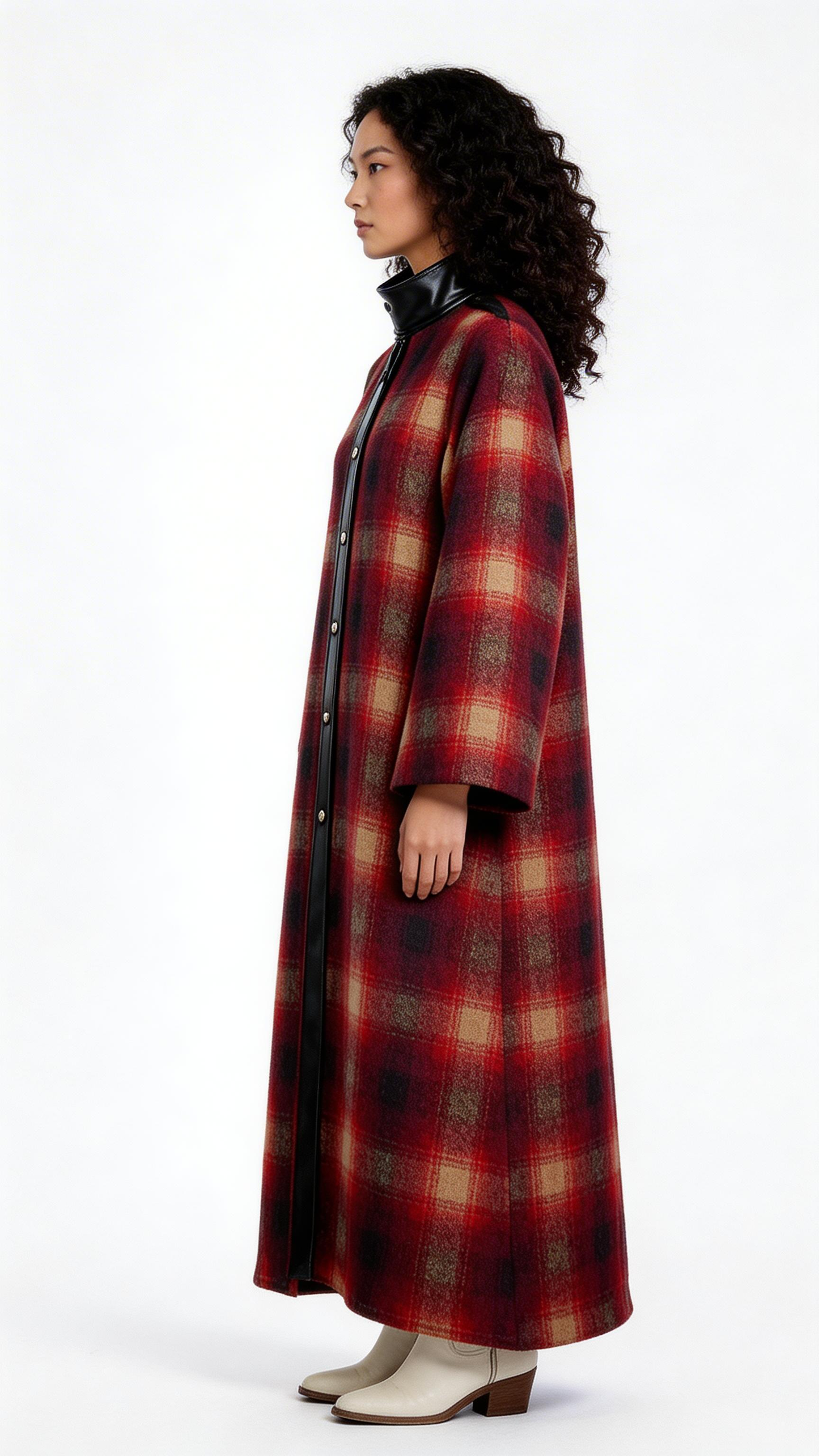 Red Plaid Long Coat with Contrast Trim