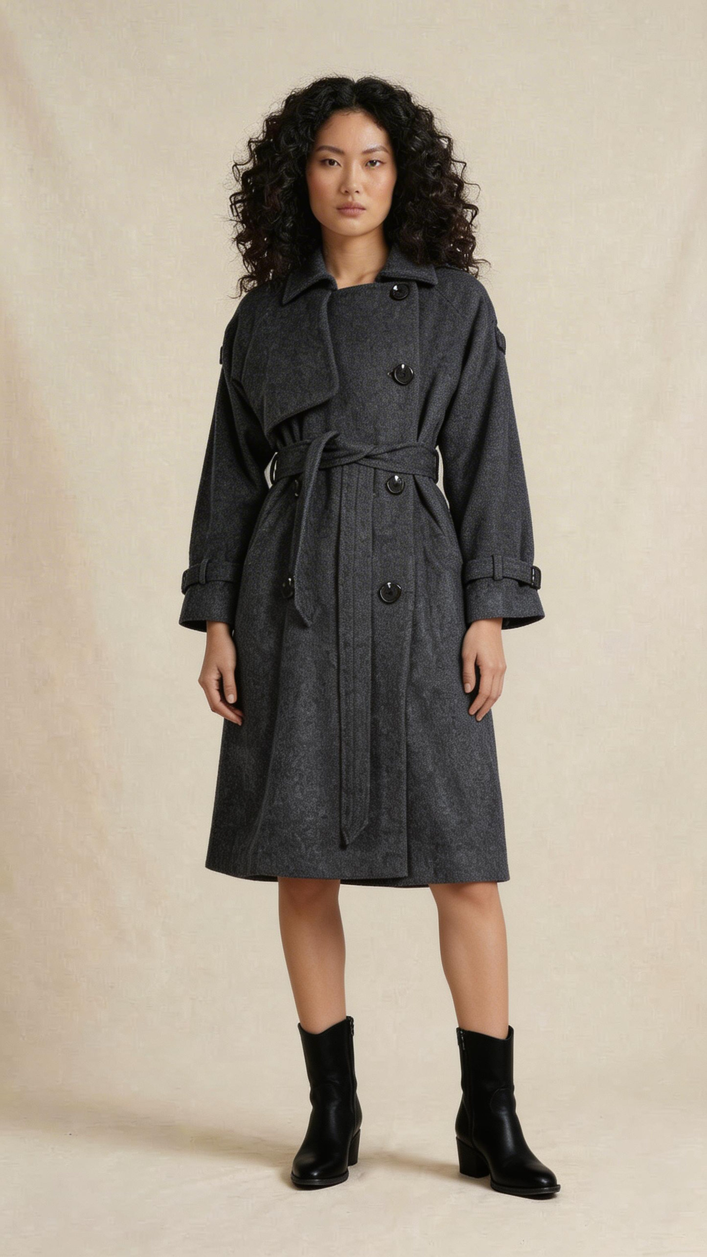Charcoal Belted Trench-Style Coat