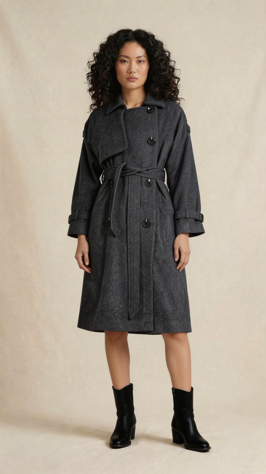 Charcoal Belted Trench-Style Coat