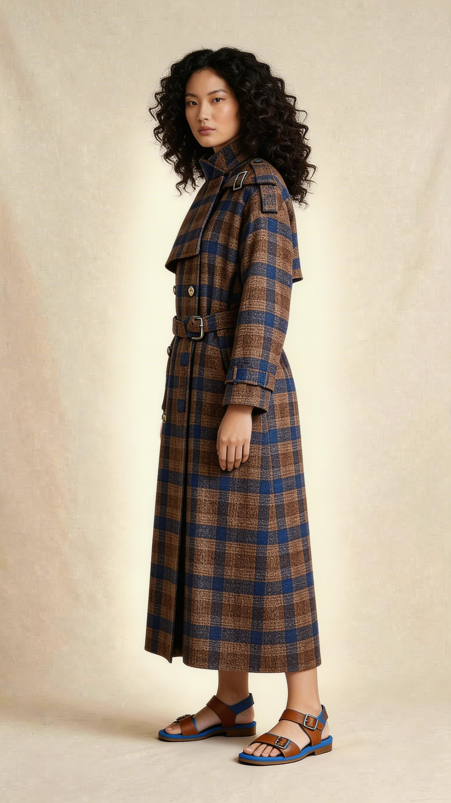 Brown & Blue Plaid Belted Long Coat